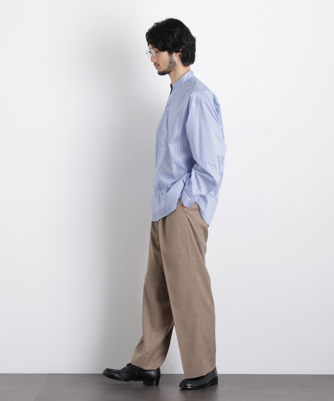 「OtoNANO」大人のワイドシャツバンドカラー ストライプ長袖