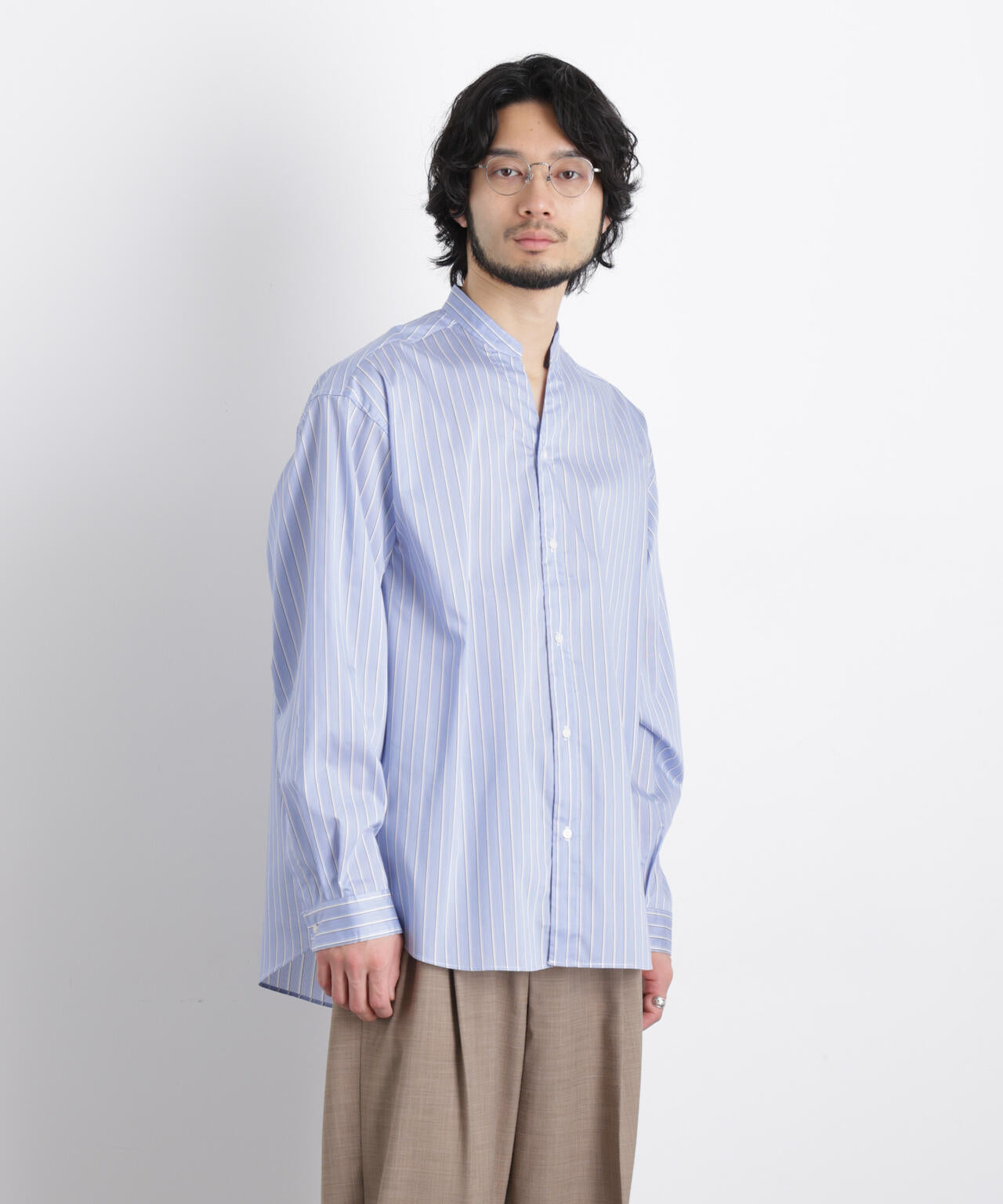 「OtoNANO」大人のワイドシャツバンドカラー ストライプ長袖