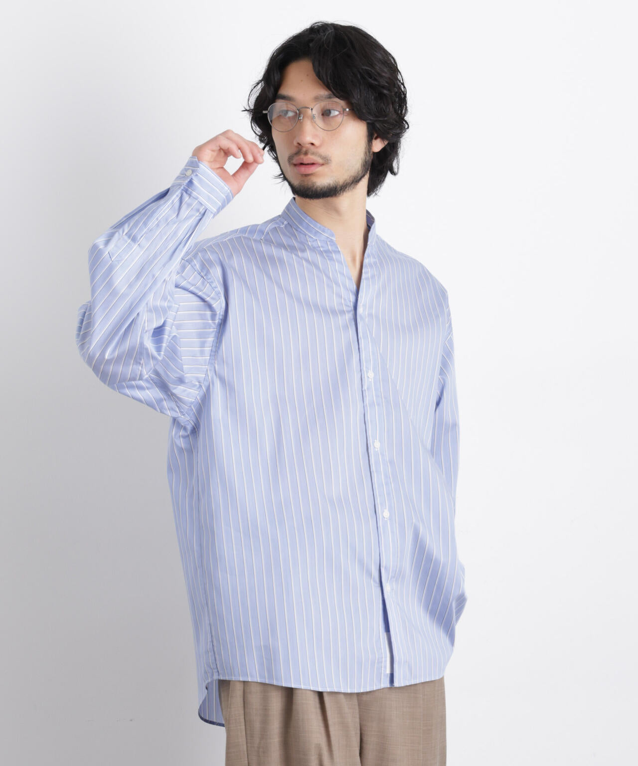 「OtoNANO」大人のワイドシャツバンドカラー ストライプ長袖