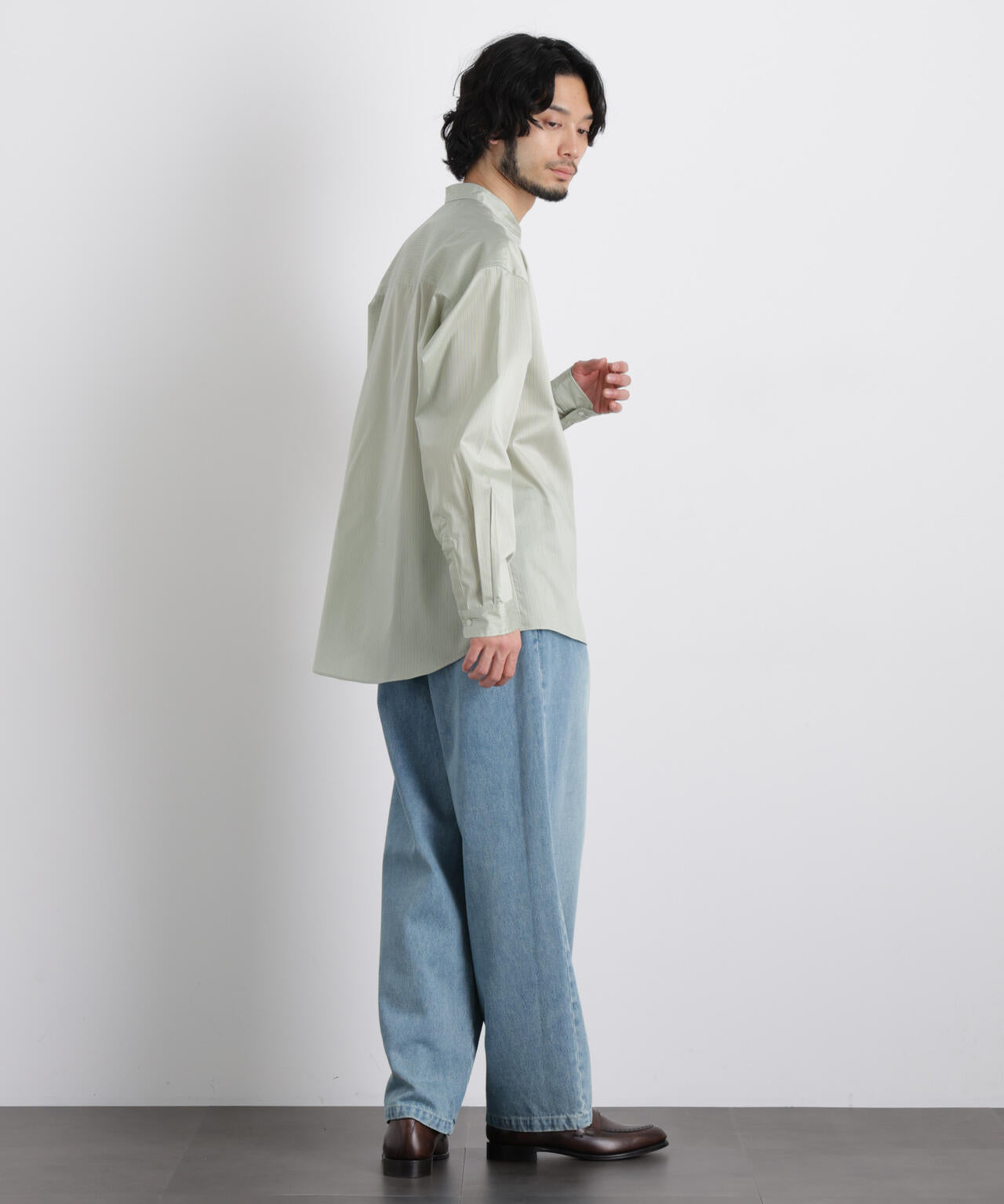 「OtoNANO」大人のワイドシャツバンドカラー ストライプ長袖