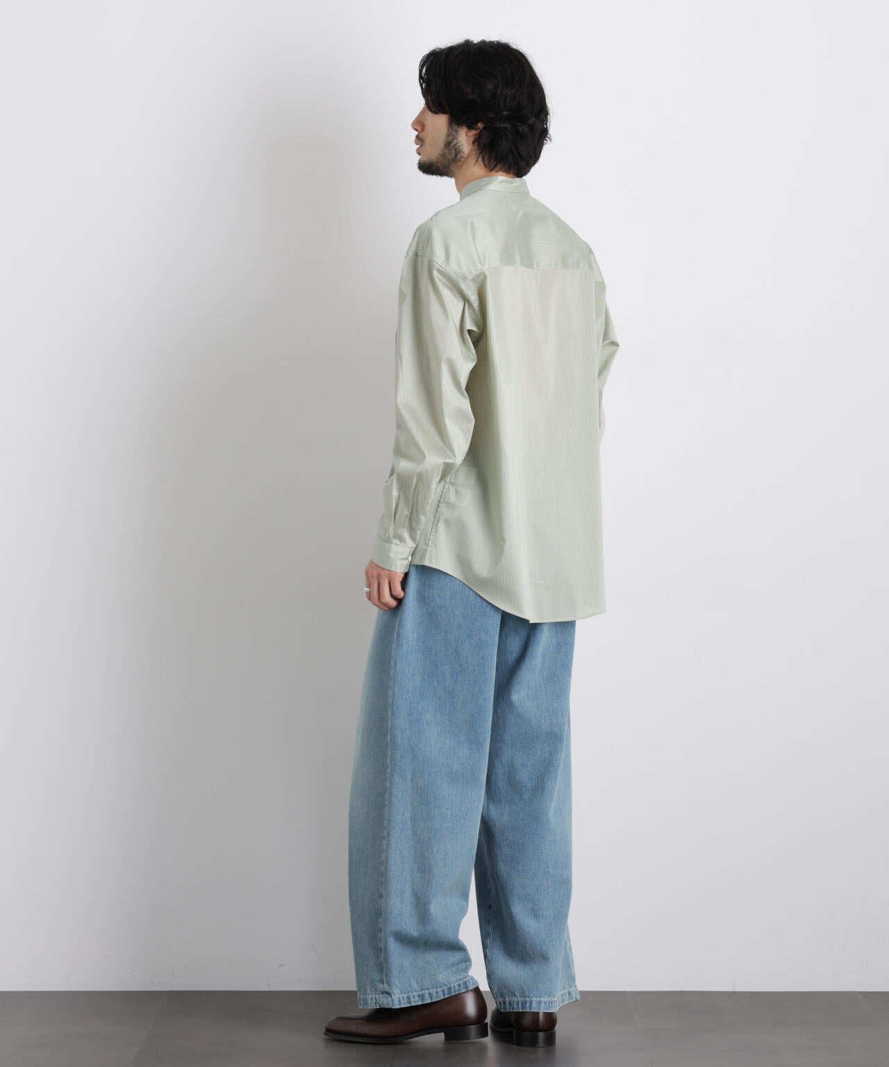 「OtoNANO」大人のワイドシャツバンドカラー ストライプ長袖