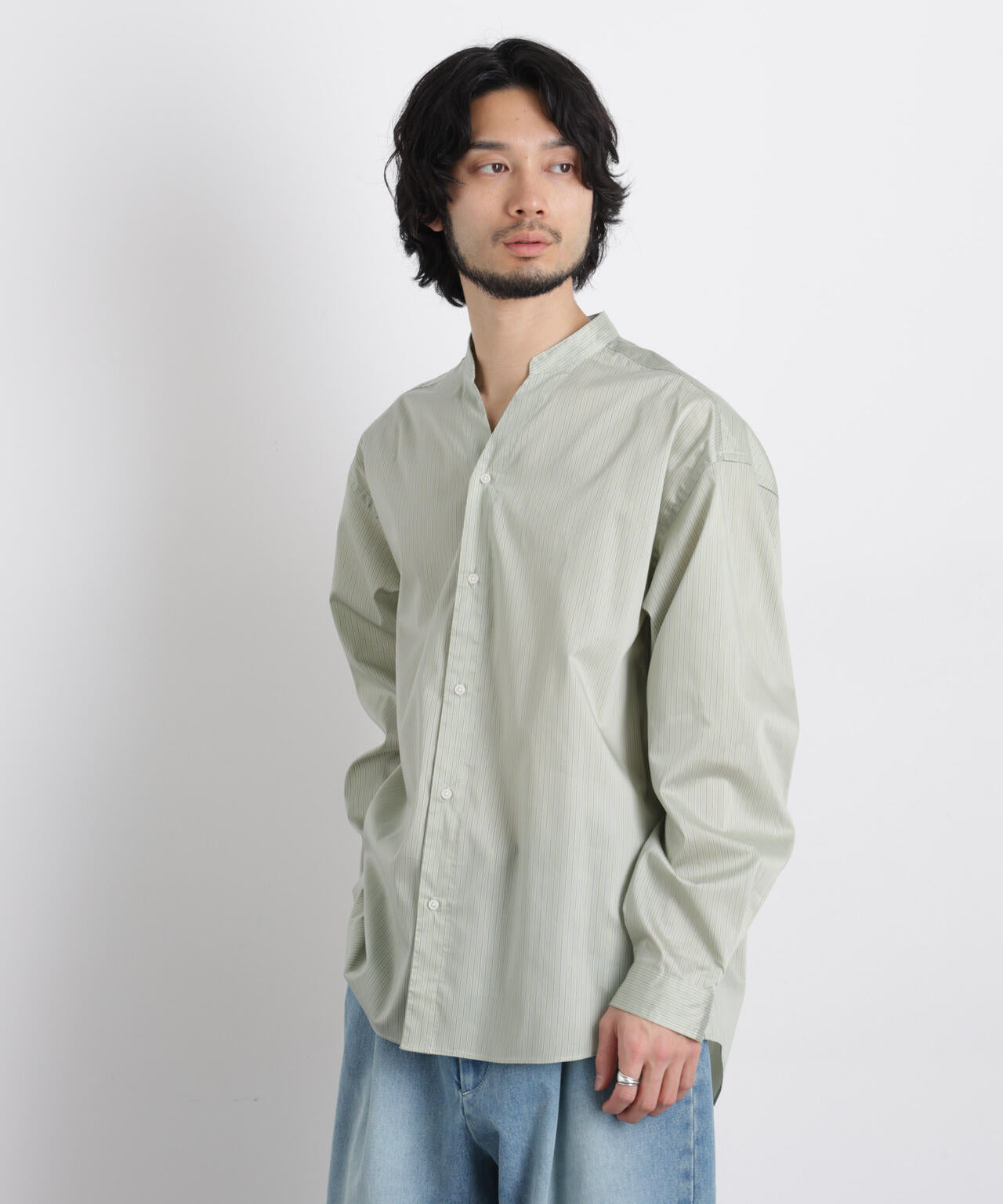 「OtoNANO」大人のワイドシャツバンドカラー ストライプ長袖