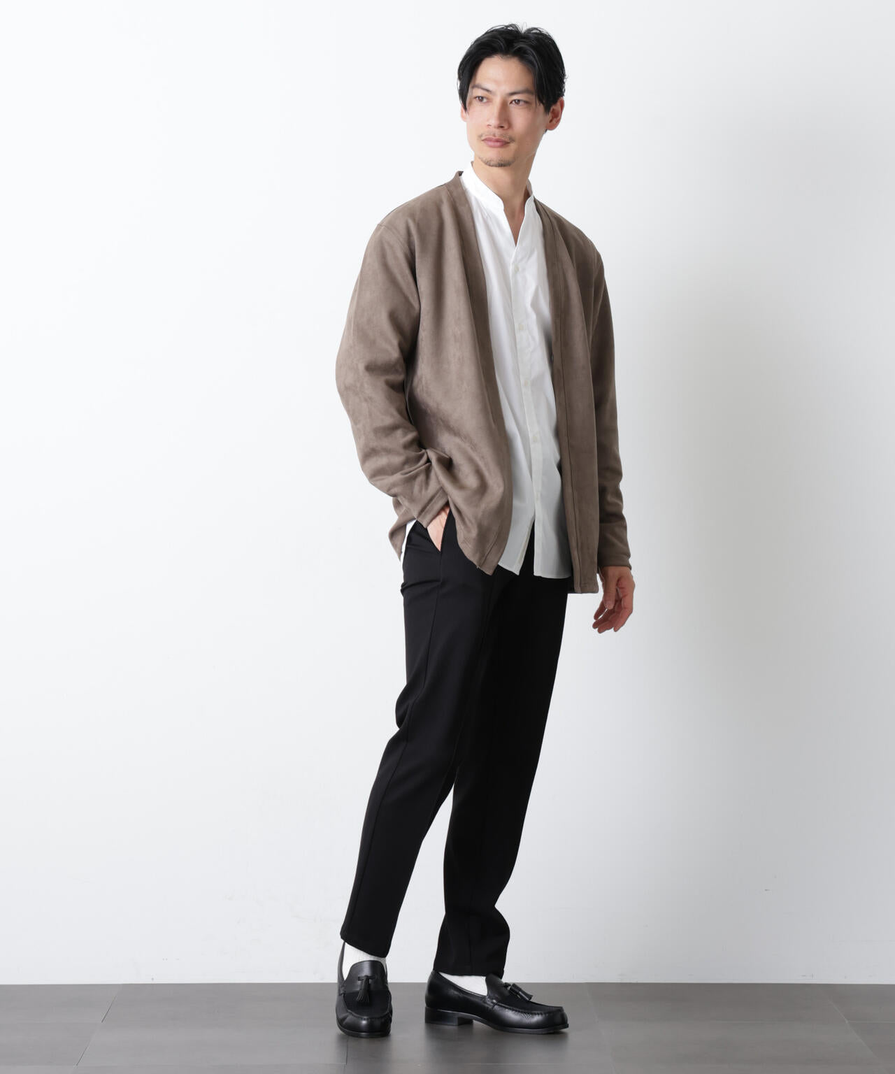 「モダンコンフォート」フェイクスエードトッパーカーディガン