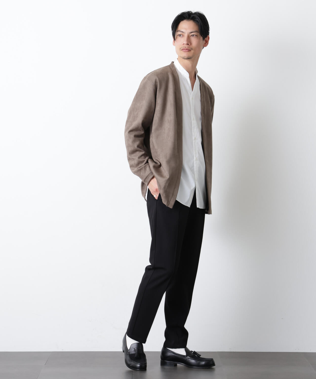 「モダンコンフォート」フェイクスエードトッパーカーディガン