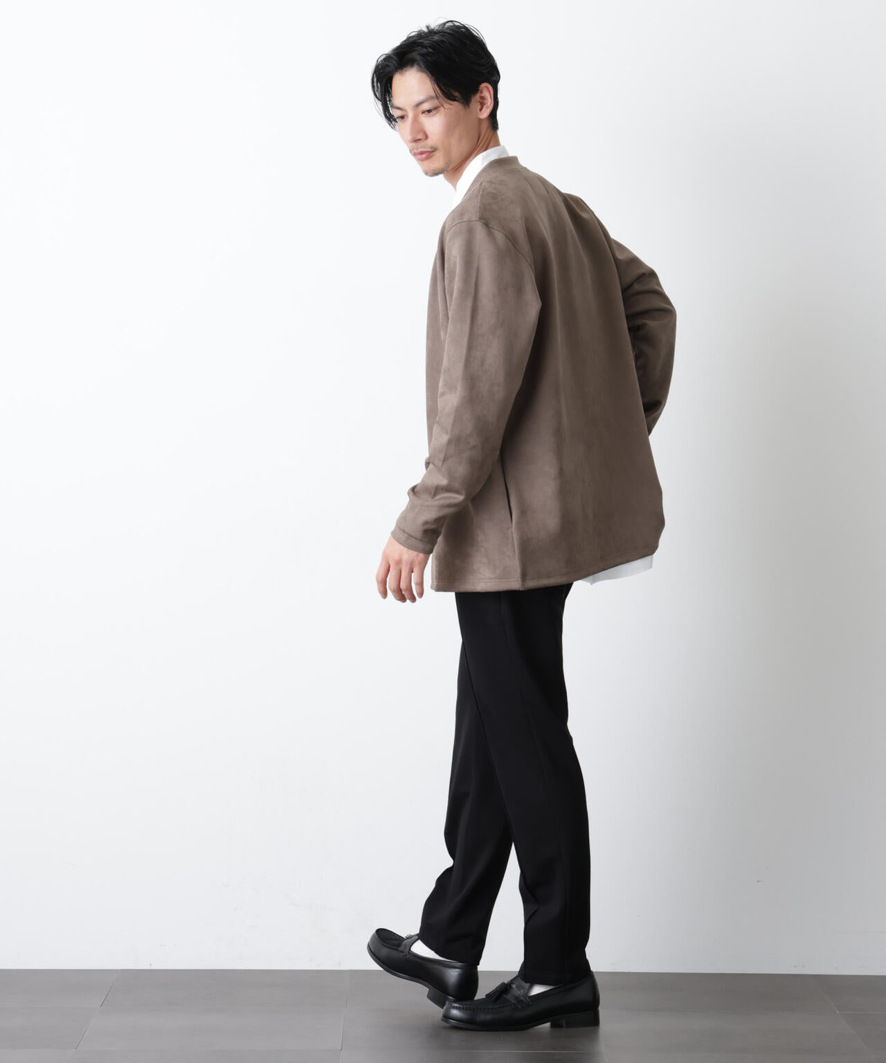 「モダンコンフォート」フェイクスエードトッパーカーディガン