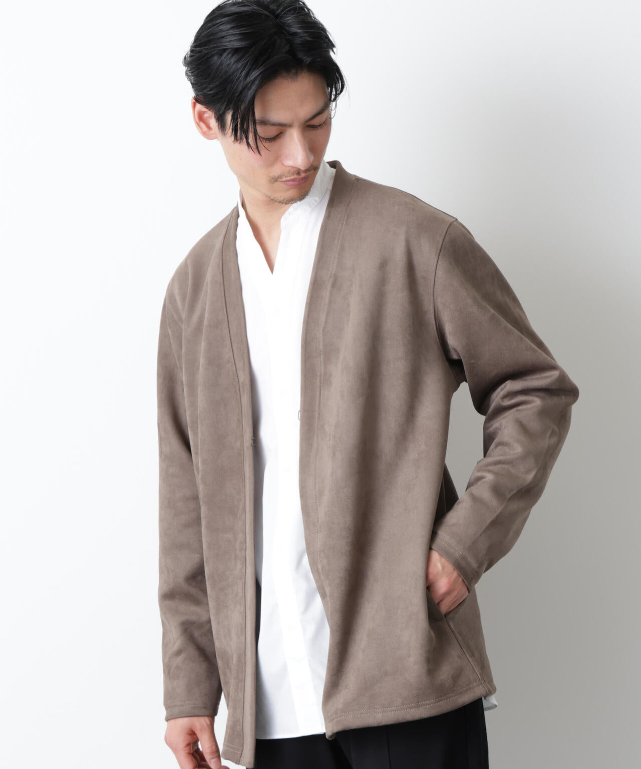 「モダンコンフォート」フェイクスエードトッパーカーディガン