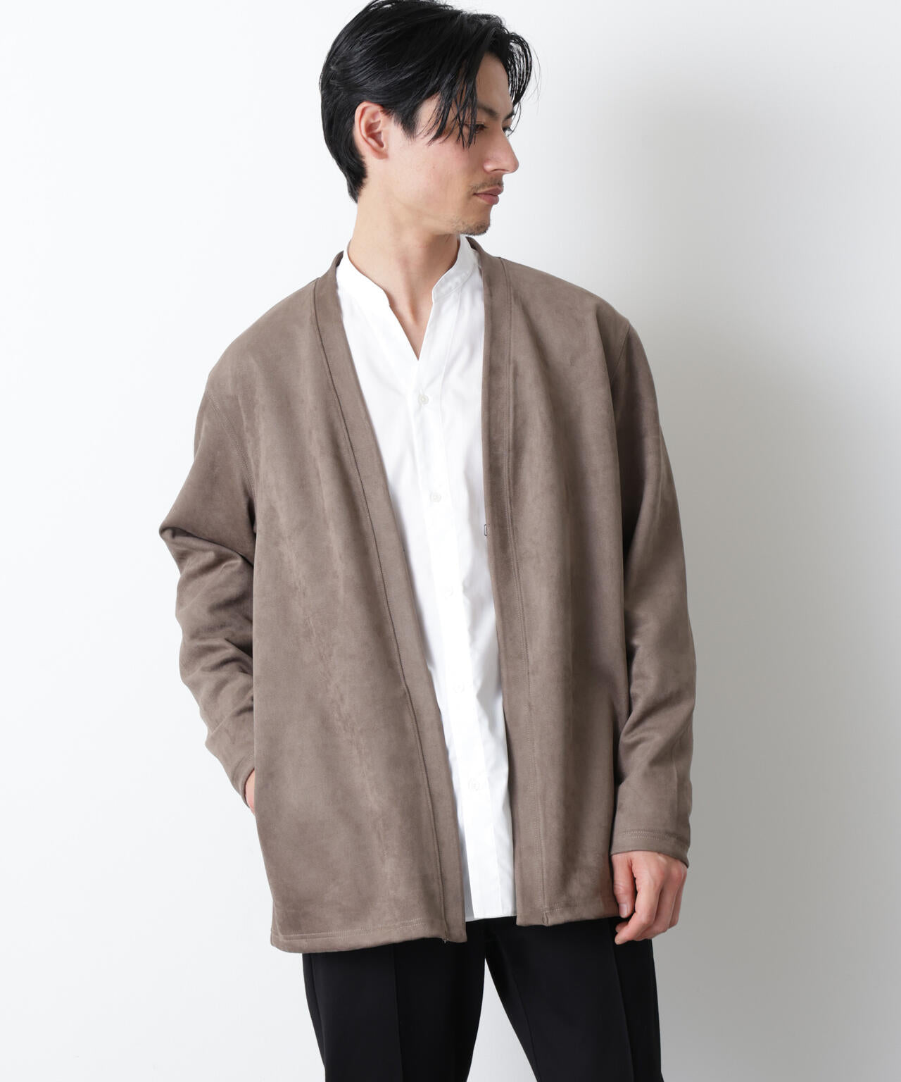 「モダンコンフォート」フェイクスエードトッパーカーディガン