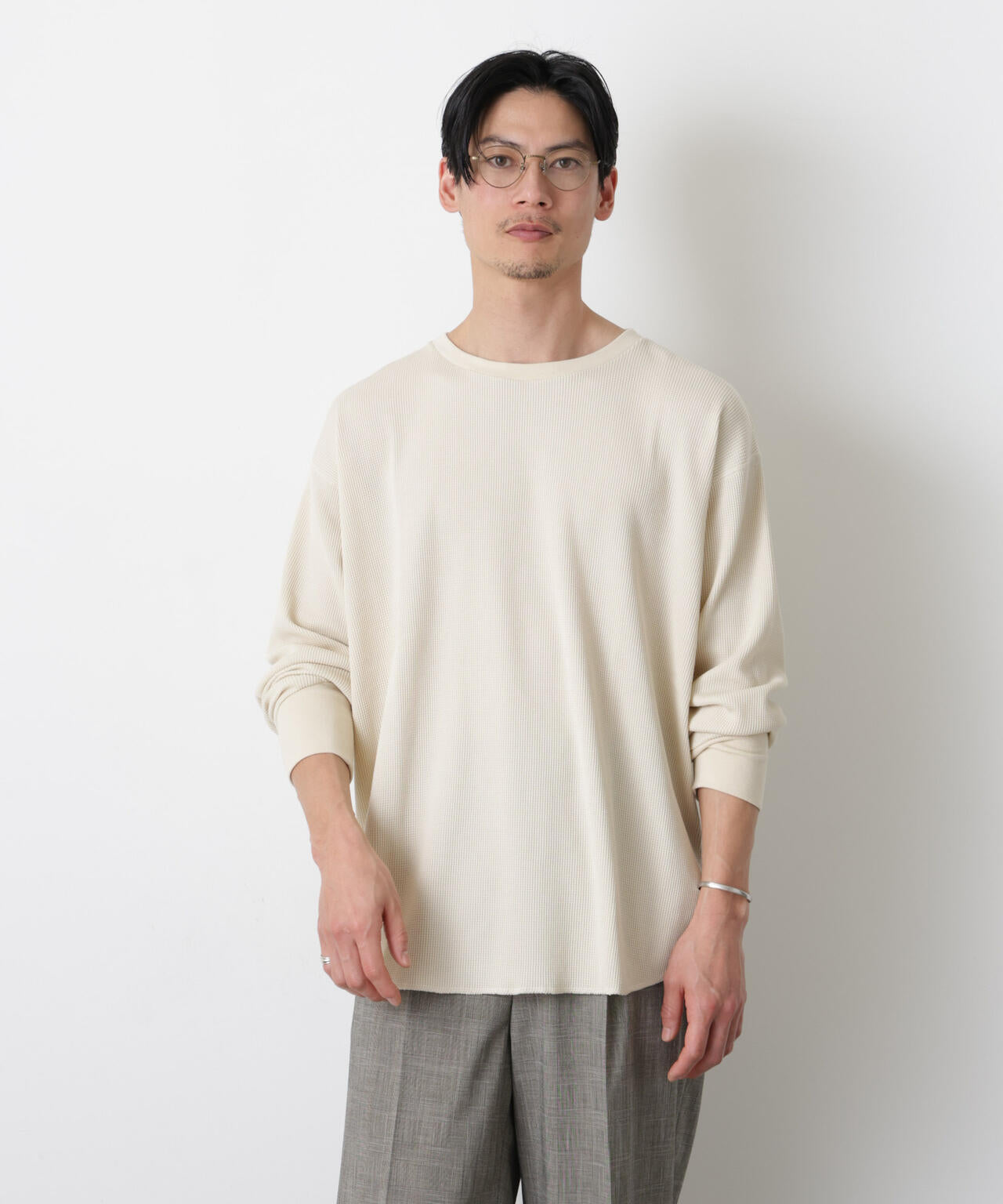 ミニワッフルクルーネックTシャツ 長袖