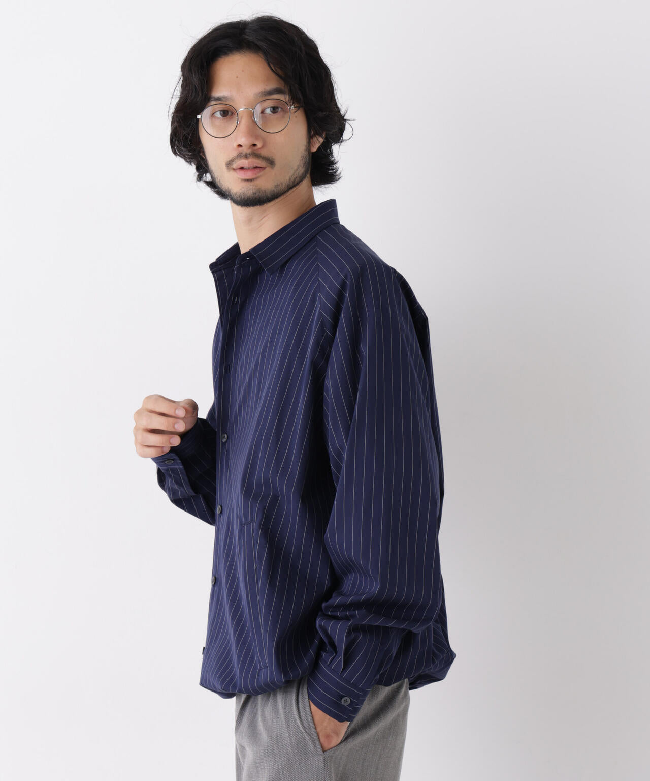 「OtoNANO」2WAYコーチシャツ スーピマコットンタイプライター/ストライプ