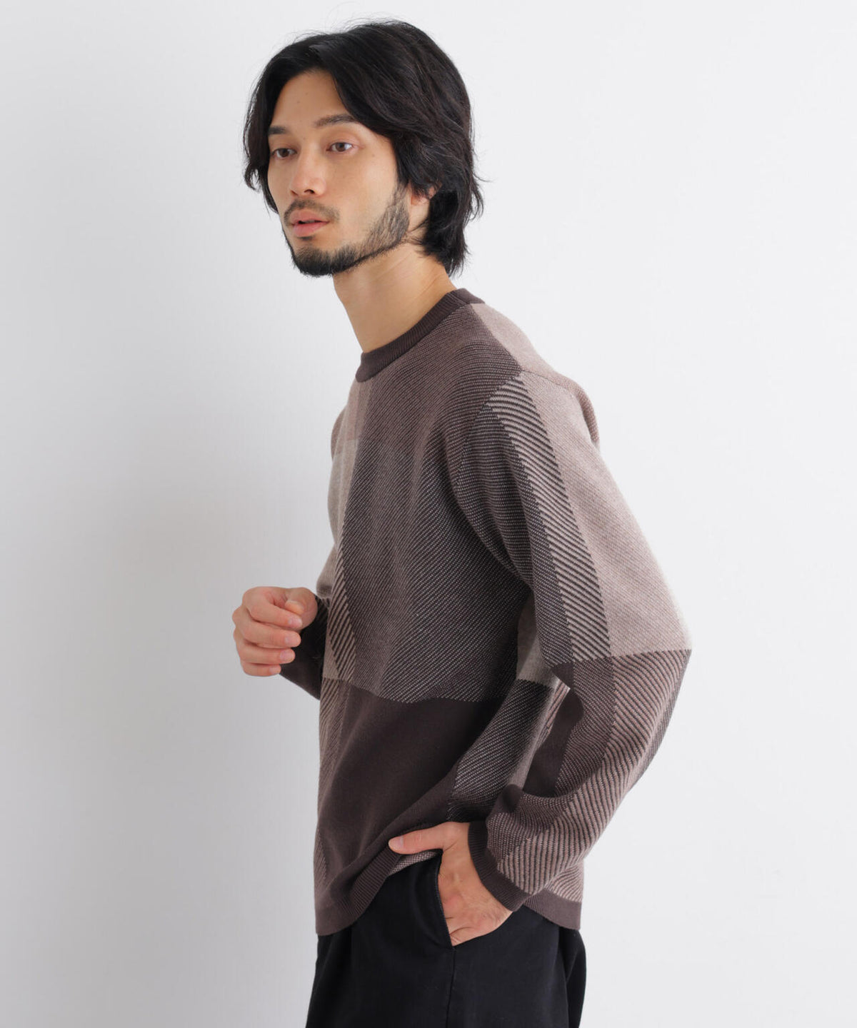 ブロックチェッククルーネックニット