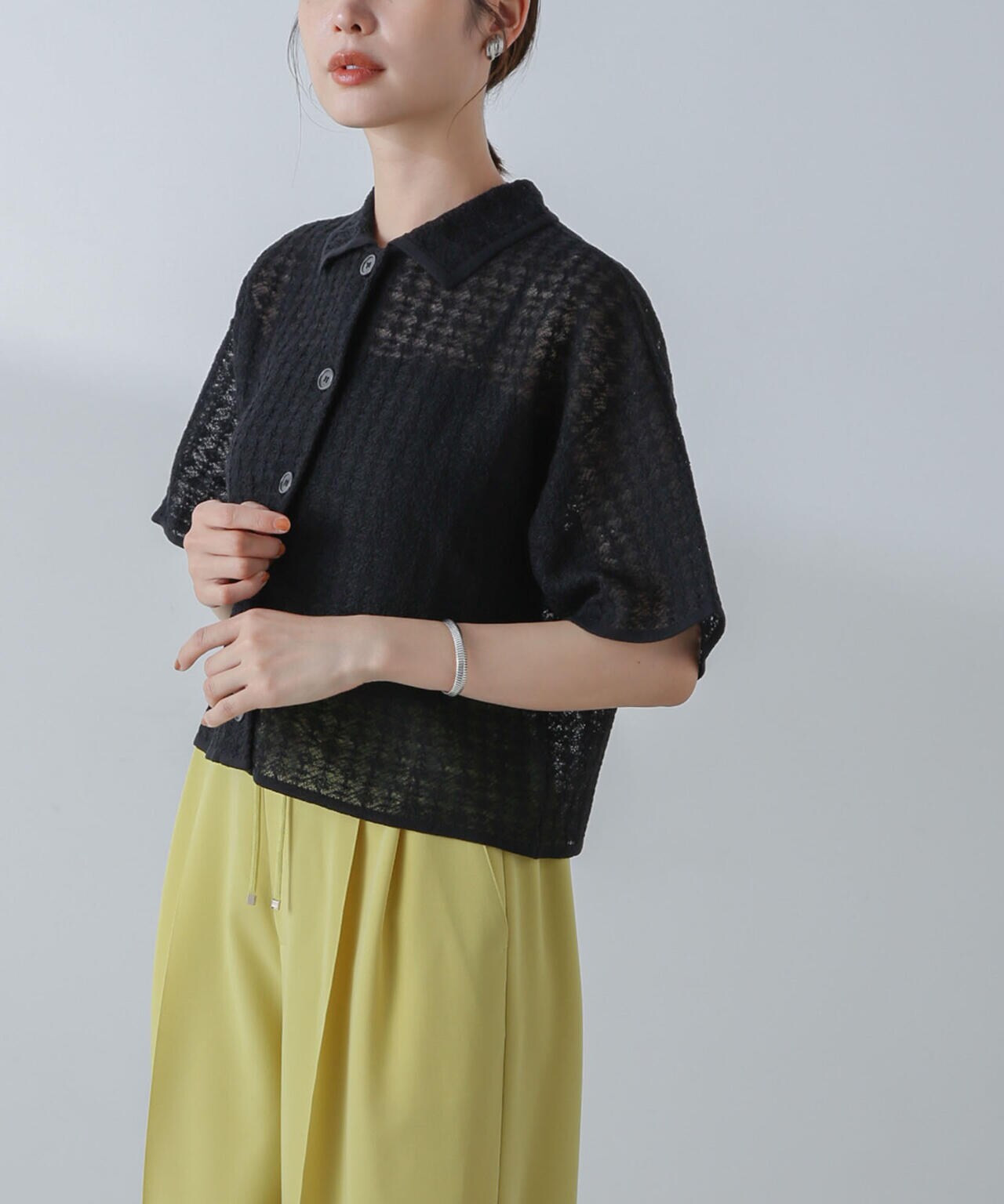 レースジャガードクロップドニットカーディガン