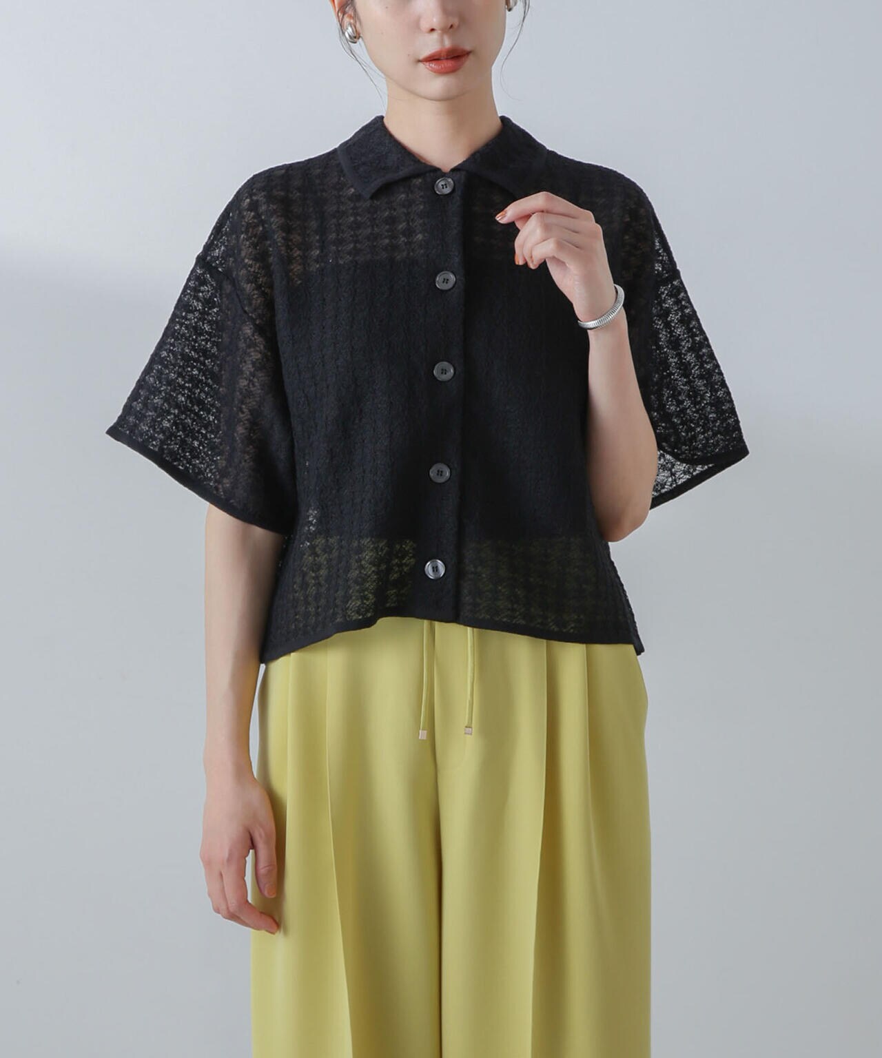 レースジャガードクロップドニットカーディガン