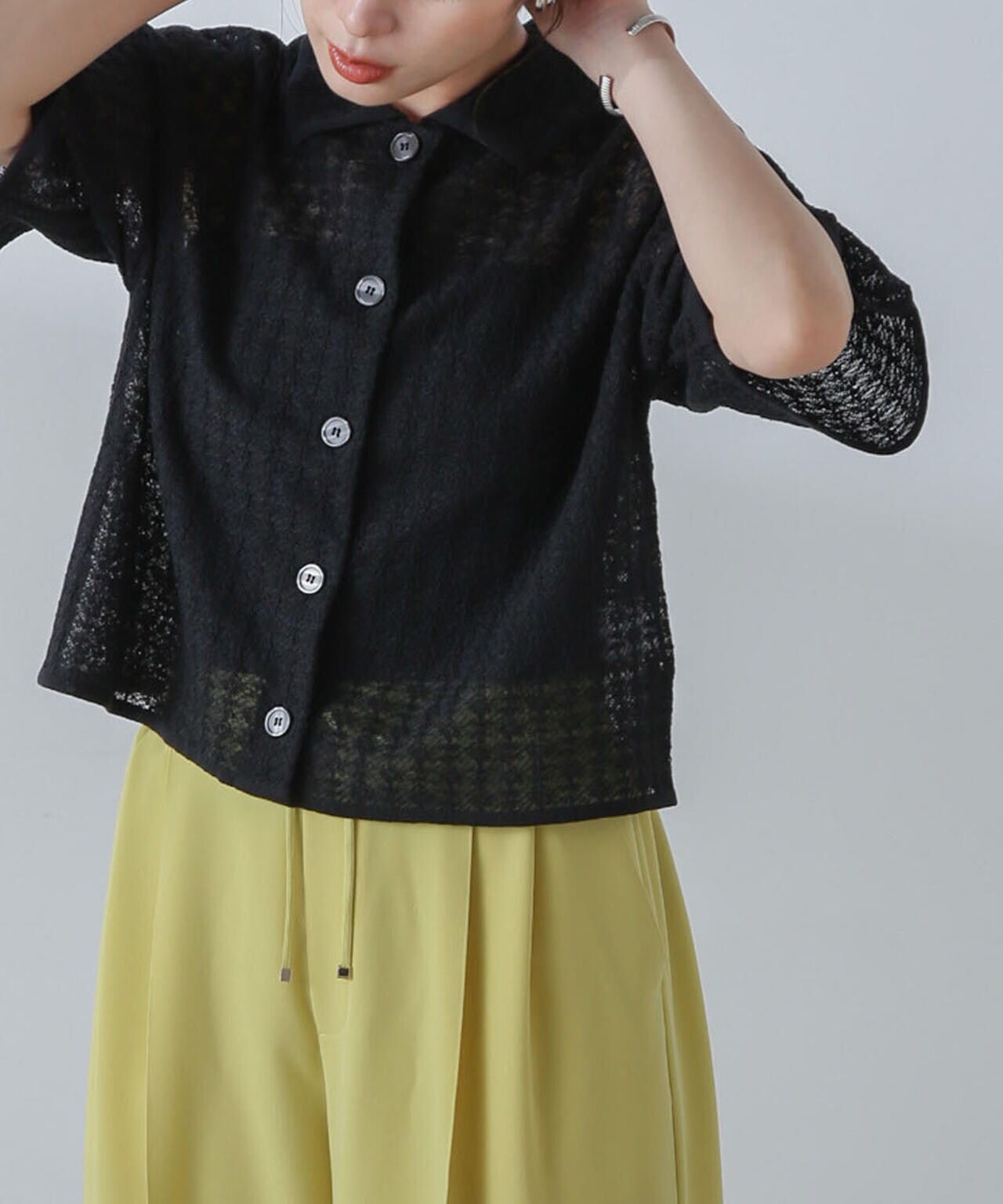 レースジャガードクロップドニットカーディガン