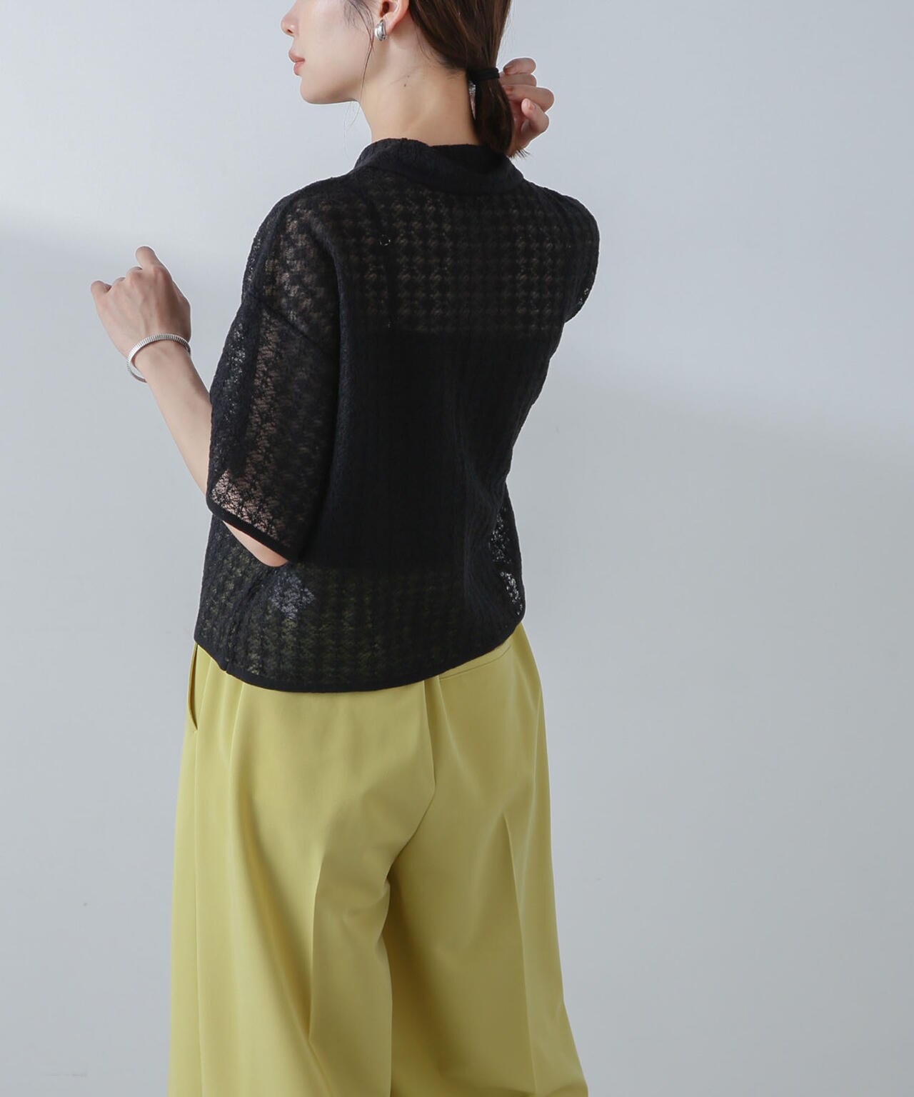 レースジャガードクロップドニットカーディガン