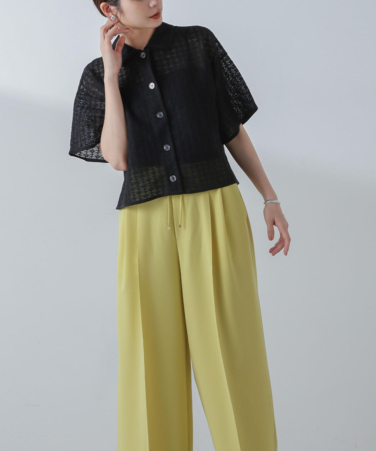 レースジャガードクロップドニットカーディガン