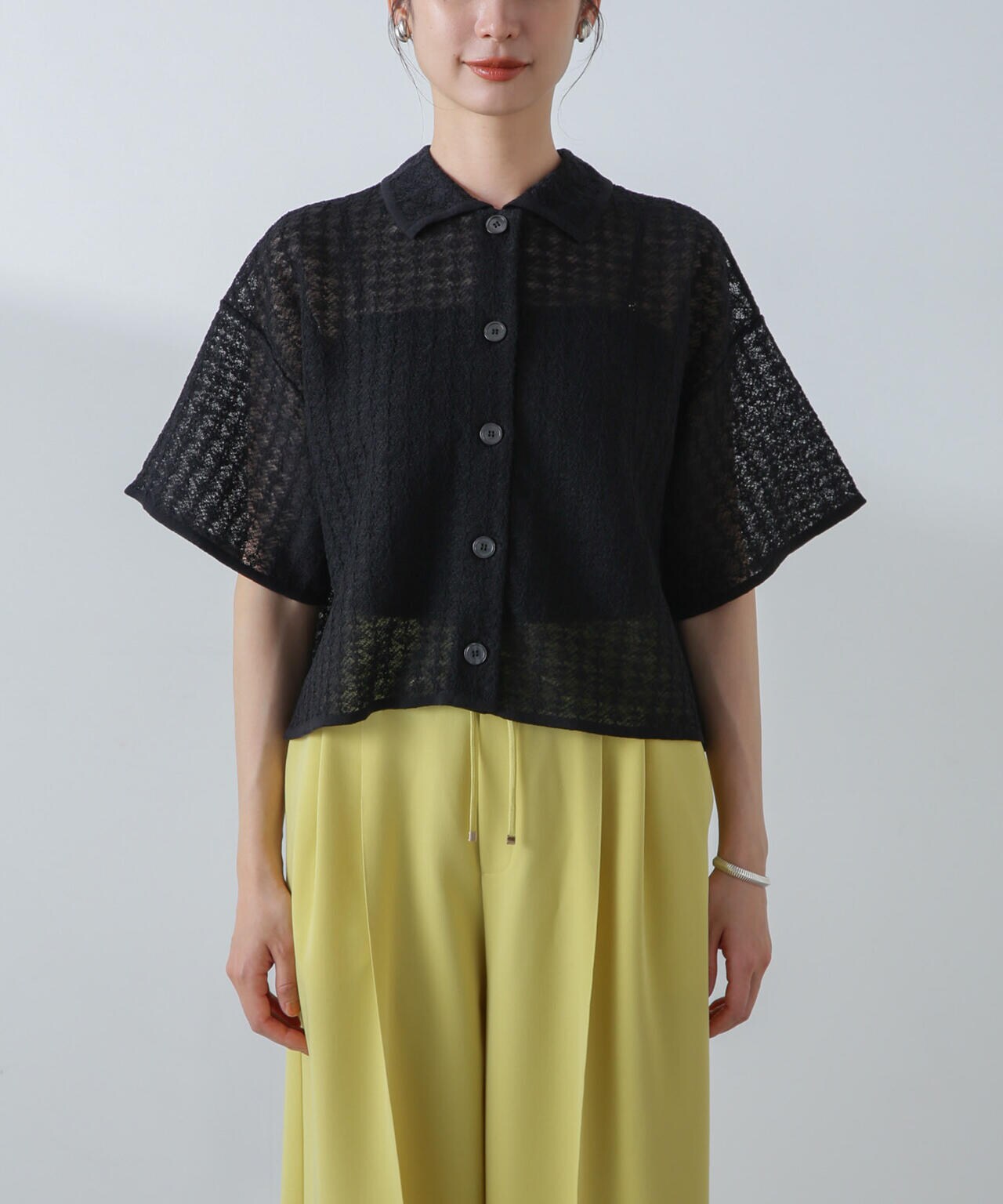 レースジャガードクロップドニットカーディガン