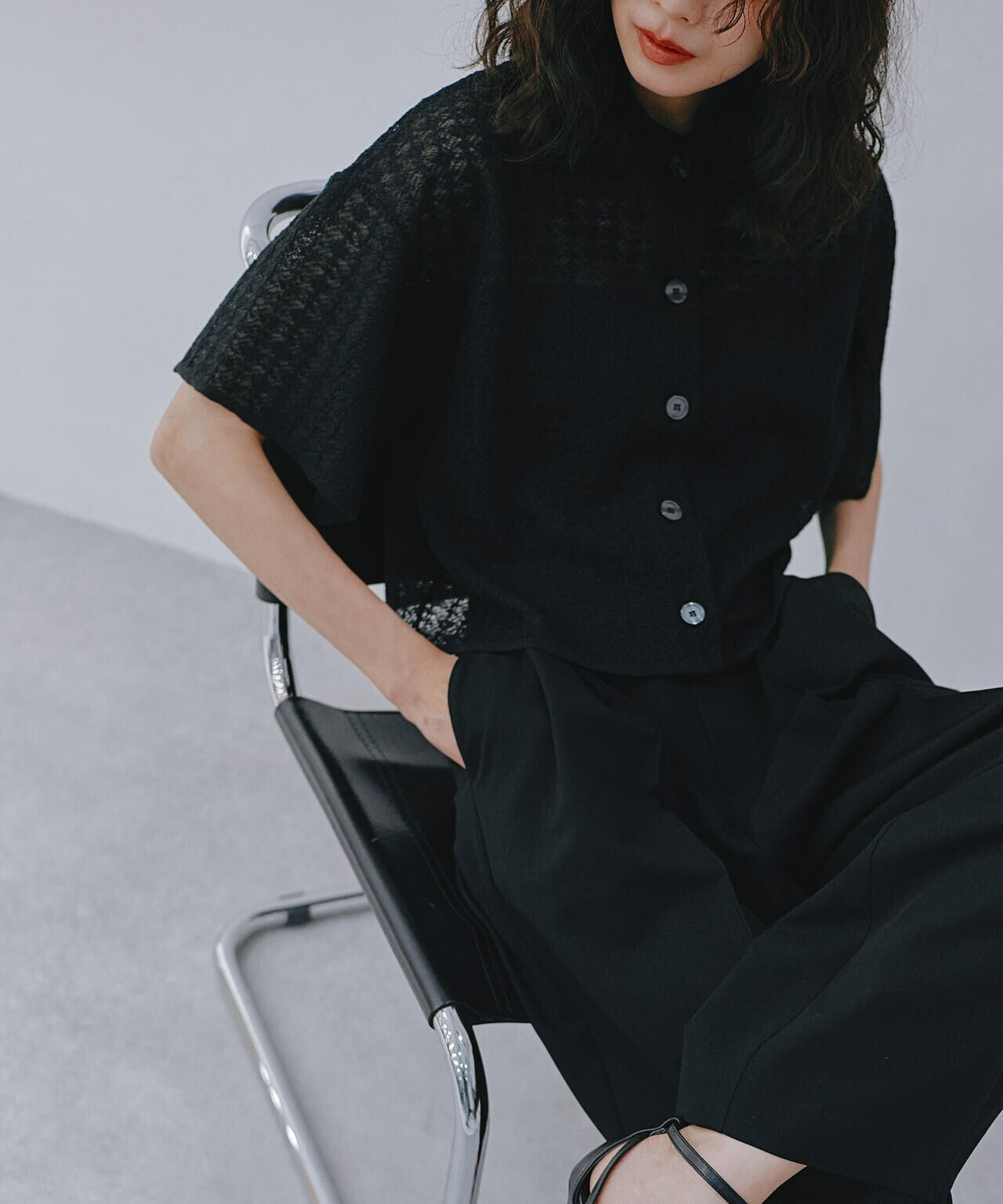 レースジャガードクロップドニットカーディガン