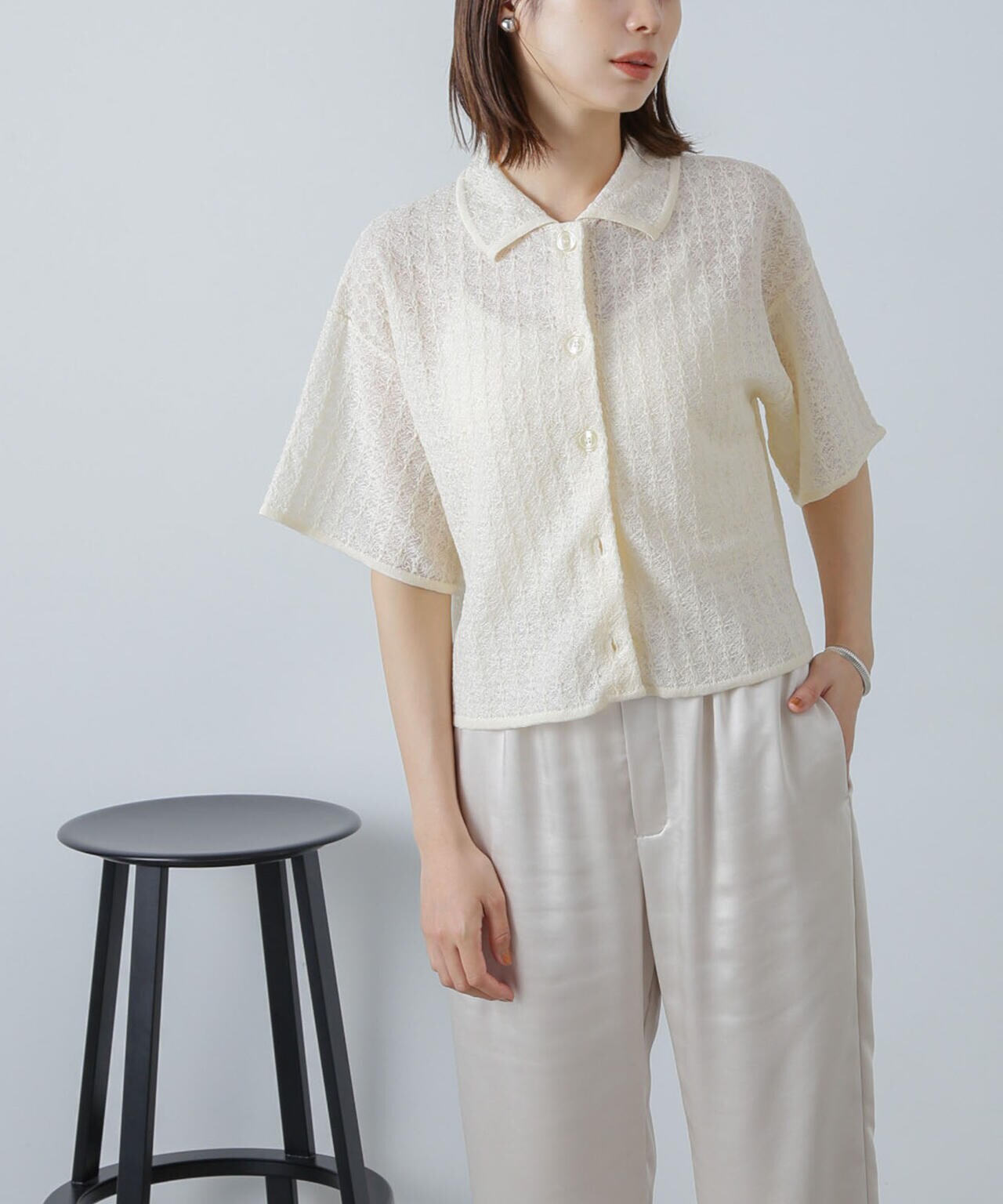 レースジャガードクロップドニットカーディガン