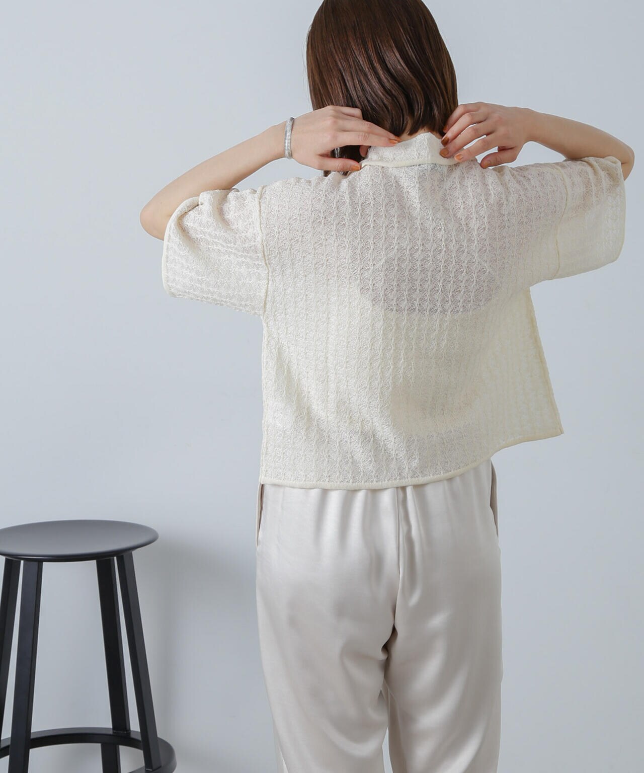 レースジャガードクロップドニットカーディガン