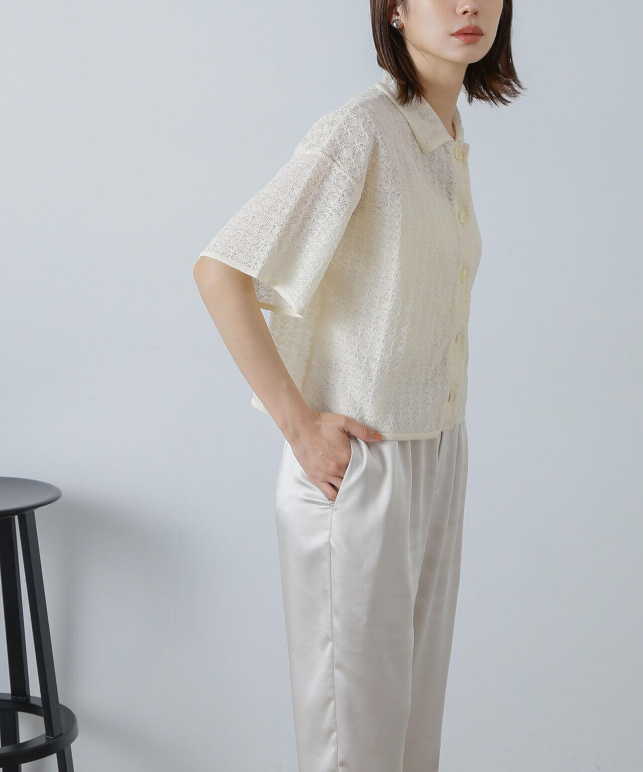 レースジャガードクロップドニットカーディガン