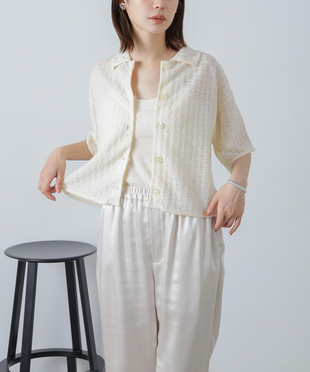 レースジャガードクロップドニットカーディガン