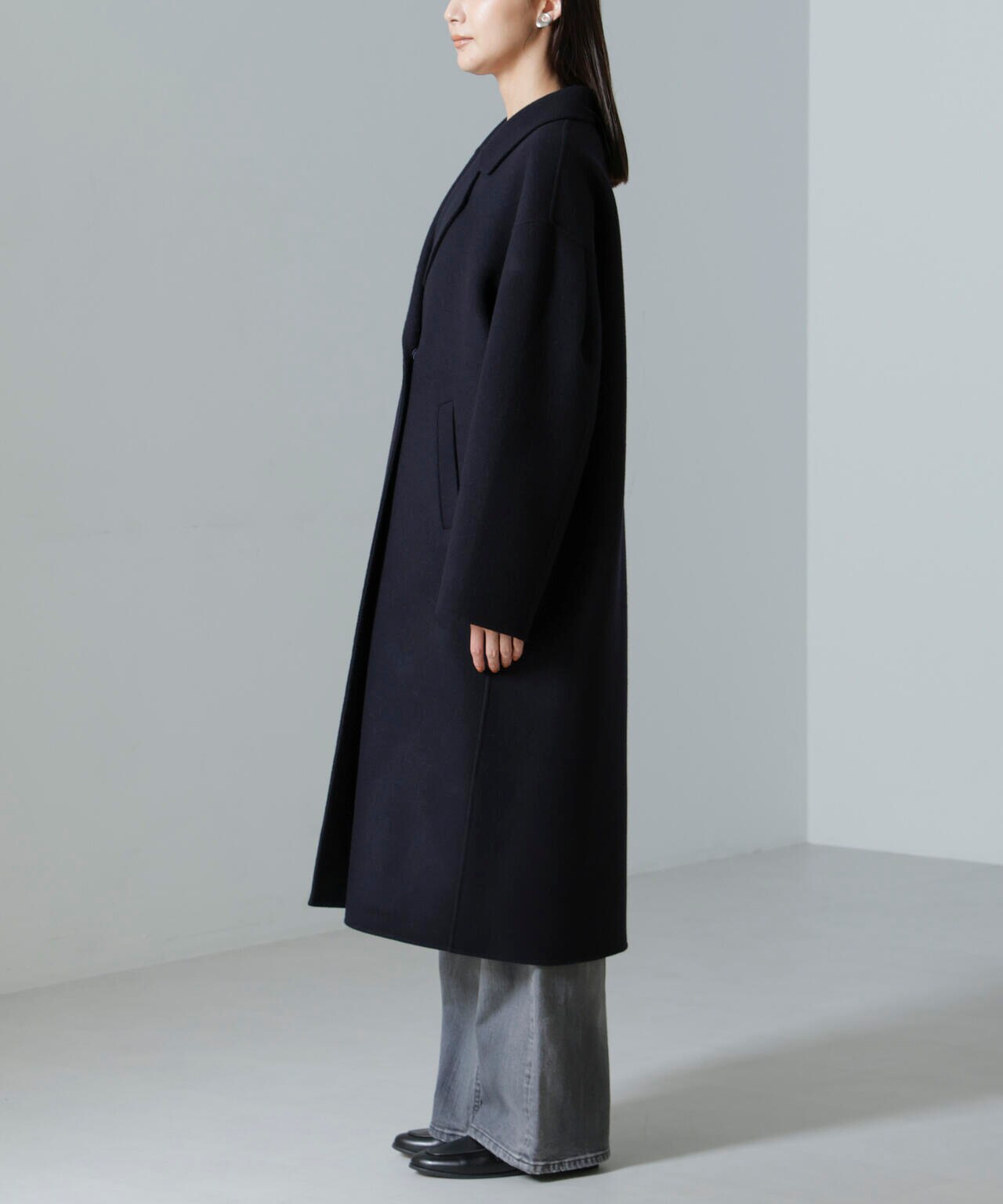 【ナノユニバース】PURE LAMBS リバーロングコート ネイビー M PURE LAMBS リバー ロングコート