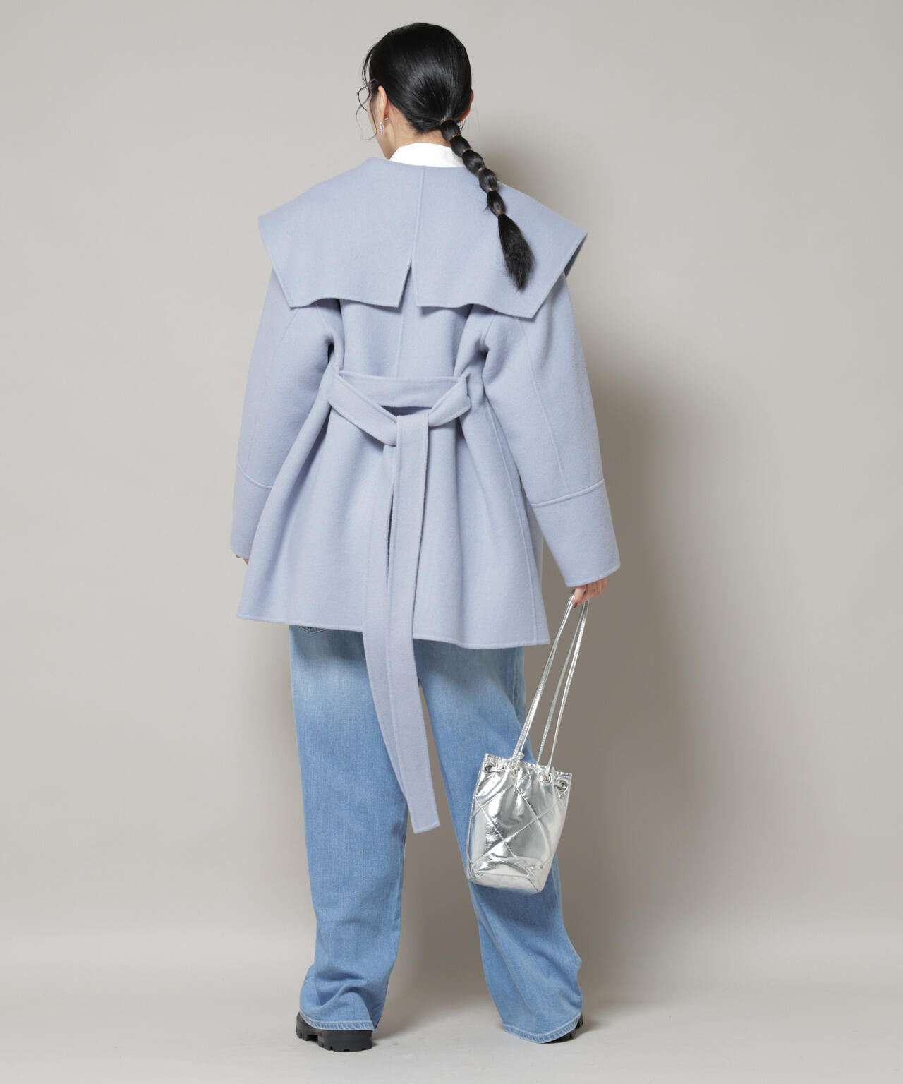 オナーギャザリング★未使用★希少★スタンドカラー★ウール生地★ネイビーストライプ AMBIDEX Store △○ウールスーパー100 ミドルレングス ステン