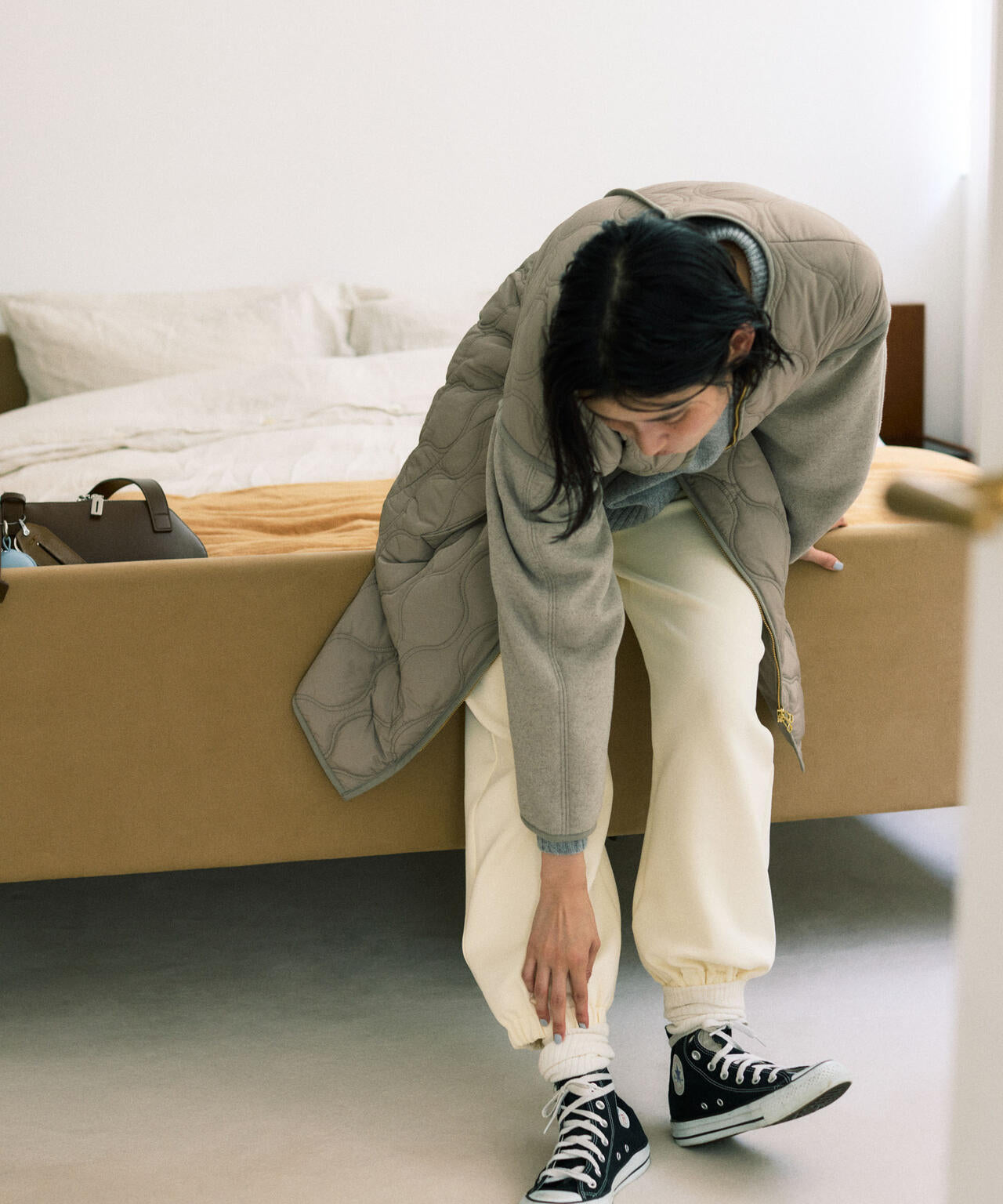 異素材コンビキルティングノーカラーコート