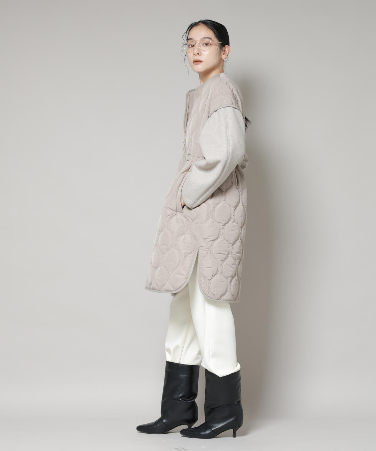 異素材コンビキルティングノーカラーコート