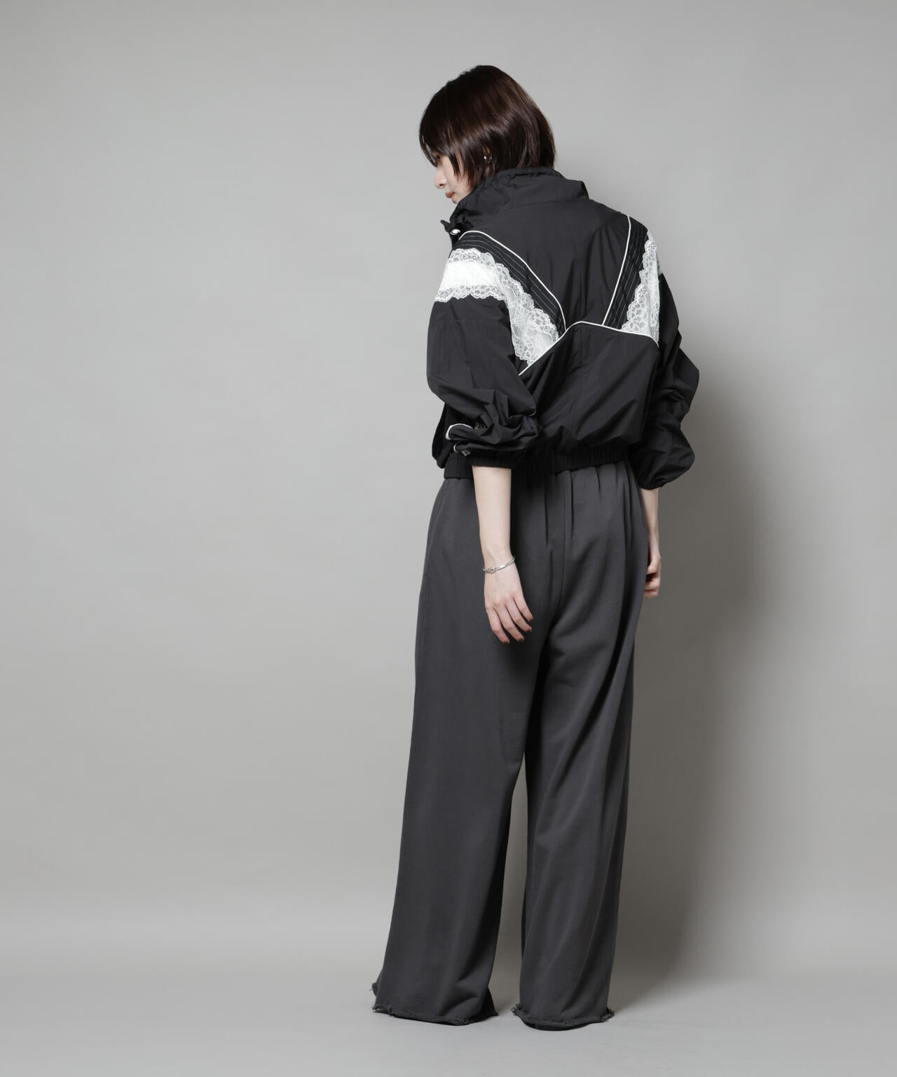 レース×ストライプ切替ナイロンブルゾン