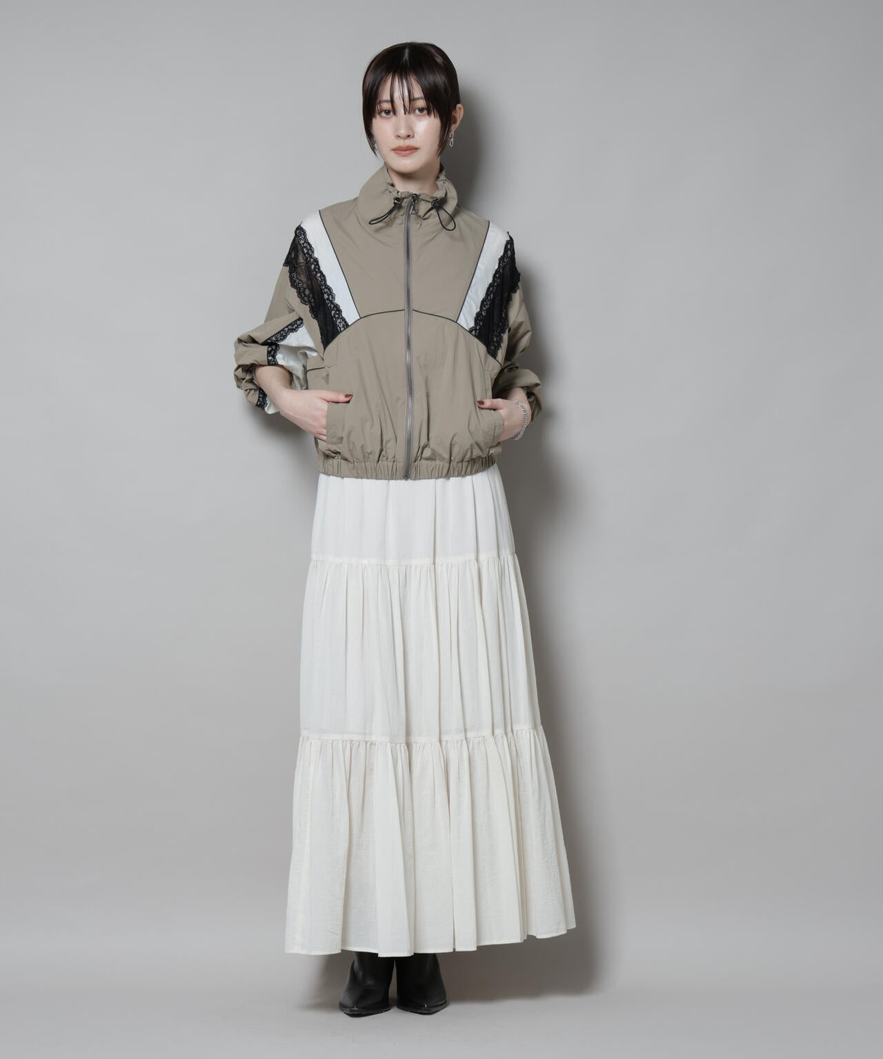 レース×ストライプ切替ナイロンブルゾン