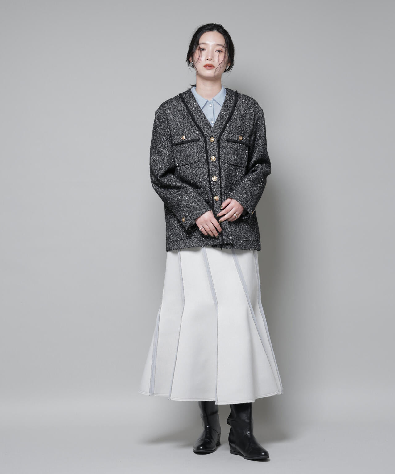 ノーク 未使用品 ネップツイードジャケット 白黒 Mサイズ 羽織り ダブル ネップツイードノーカラージャケット | NANO universe（ナノ