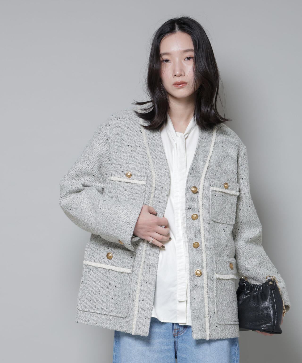 ネップツイードノーカラージャケット