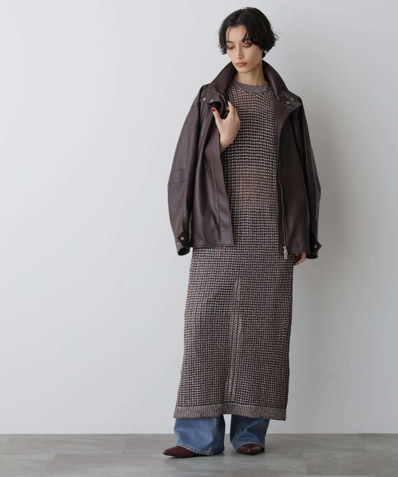 「STEVELOUR」スタンドフェイクレザージップブルゾン