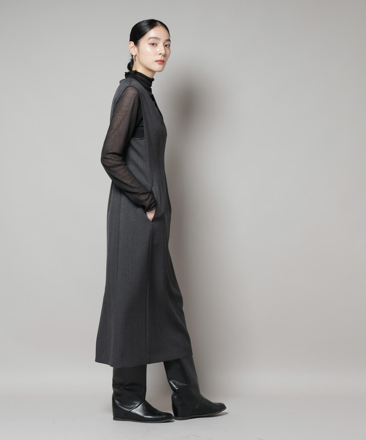 ストレッチサージチェックVネックワンピース(セットアップ可) | NANO