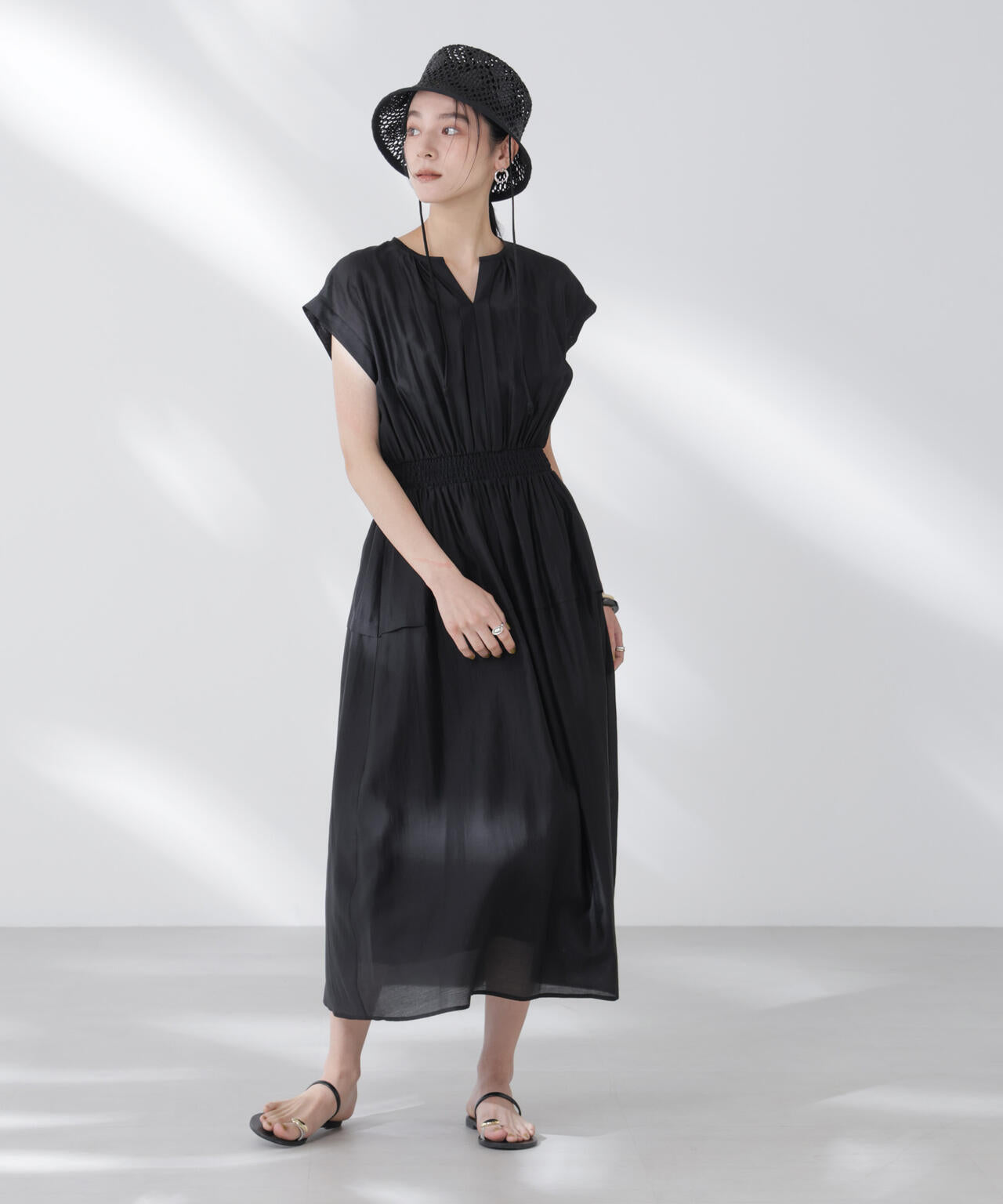 シアーサテンウエストシャーリングワンピース