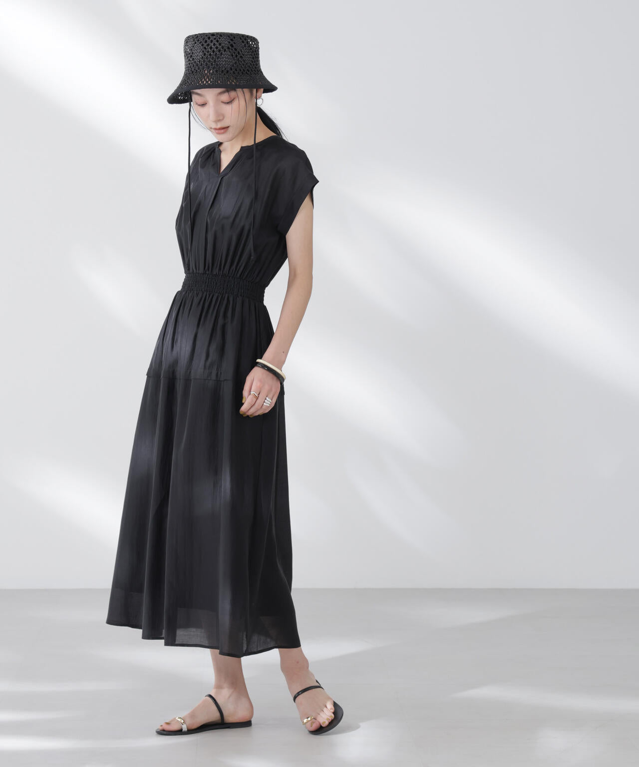 シアーサテンウエストシャーリングワンピース