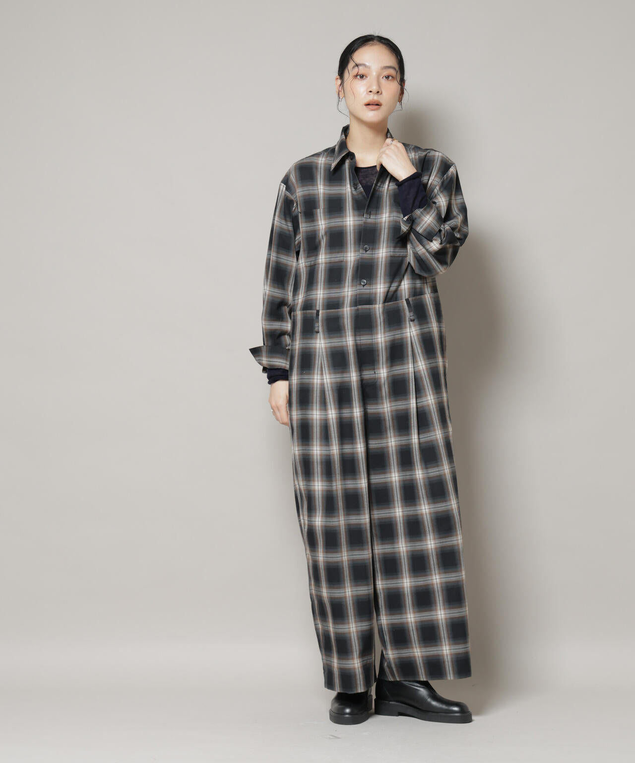 オンブレーチェックジャンプスーツ