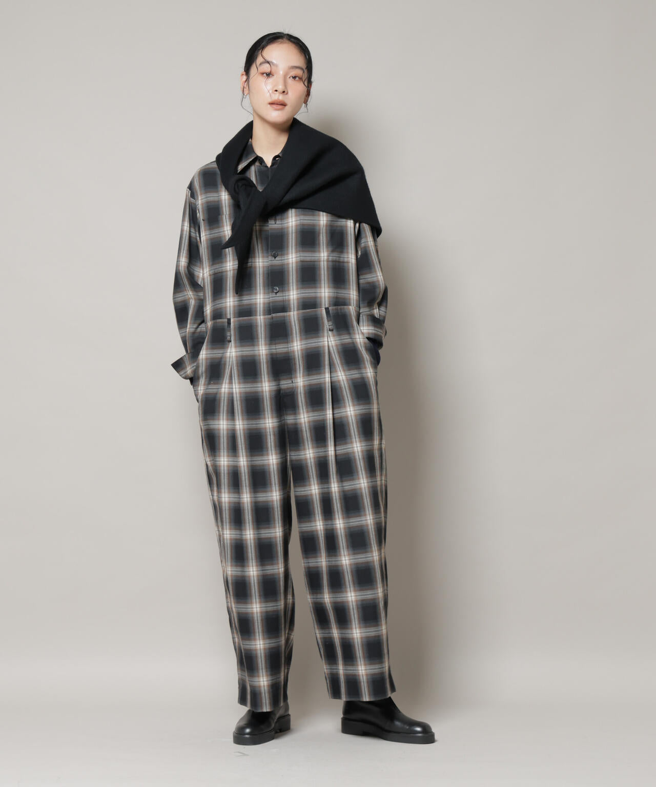 オンブレーチェックジャンプスーツ