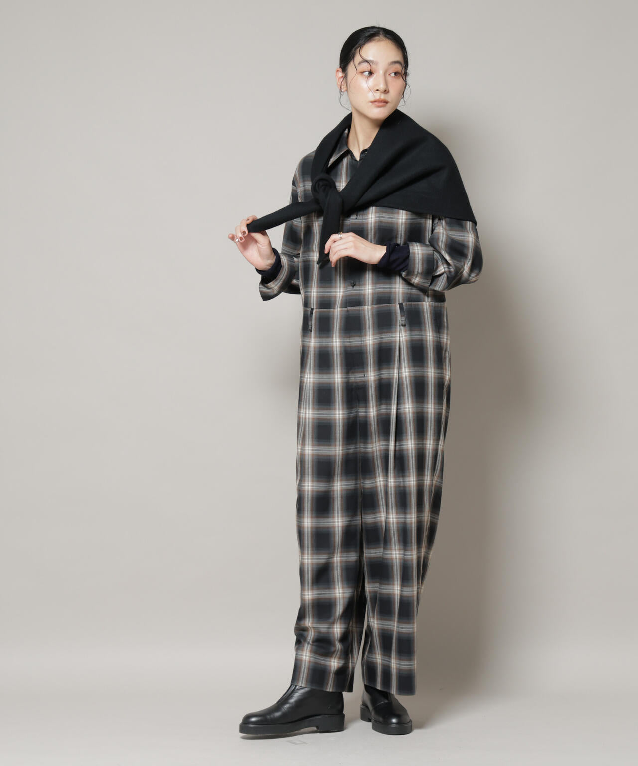 オンブレーチェックジャンプスーツ