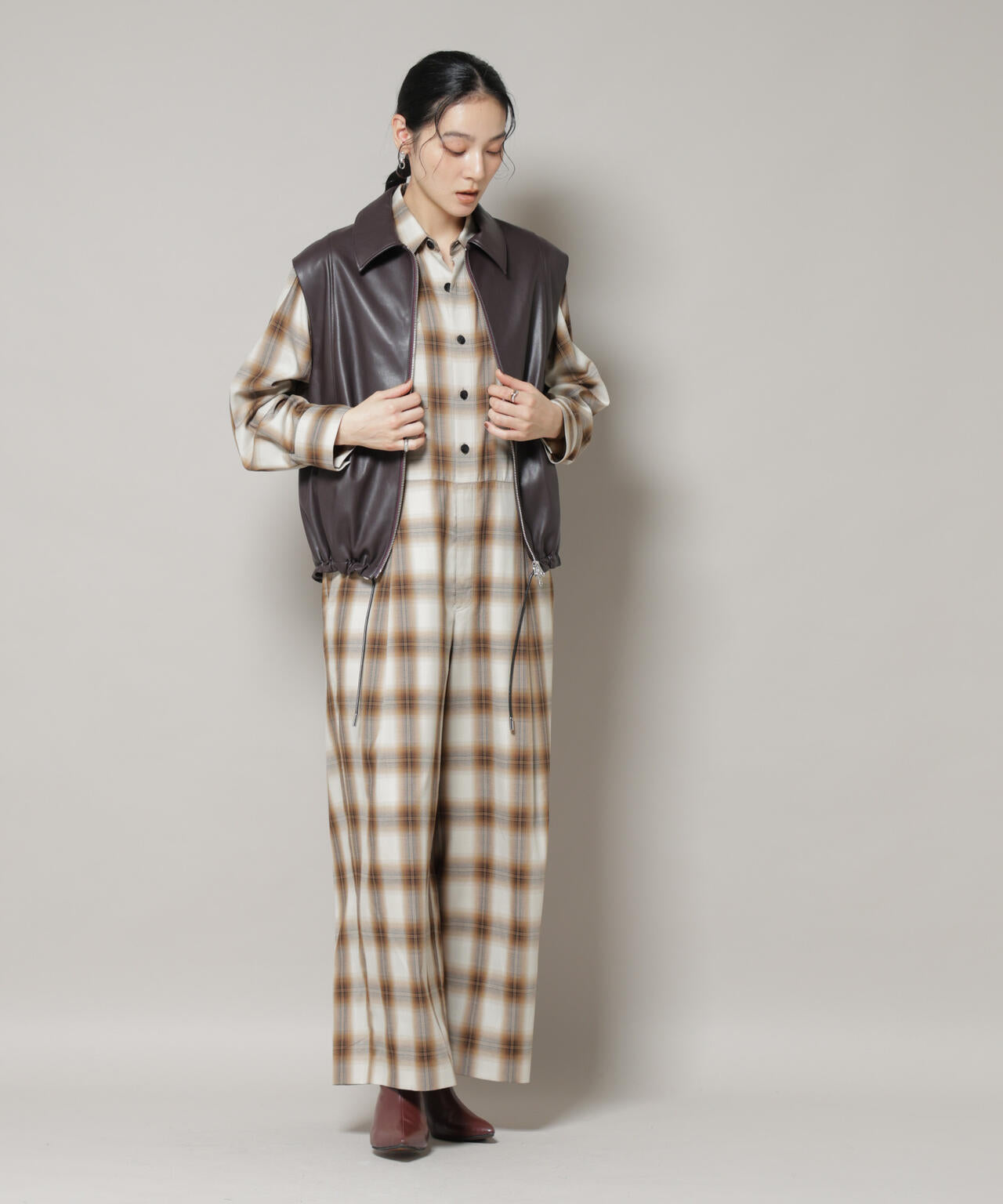 オンブレーチェックジャンプスーツ