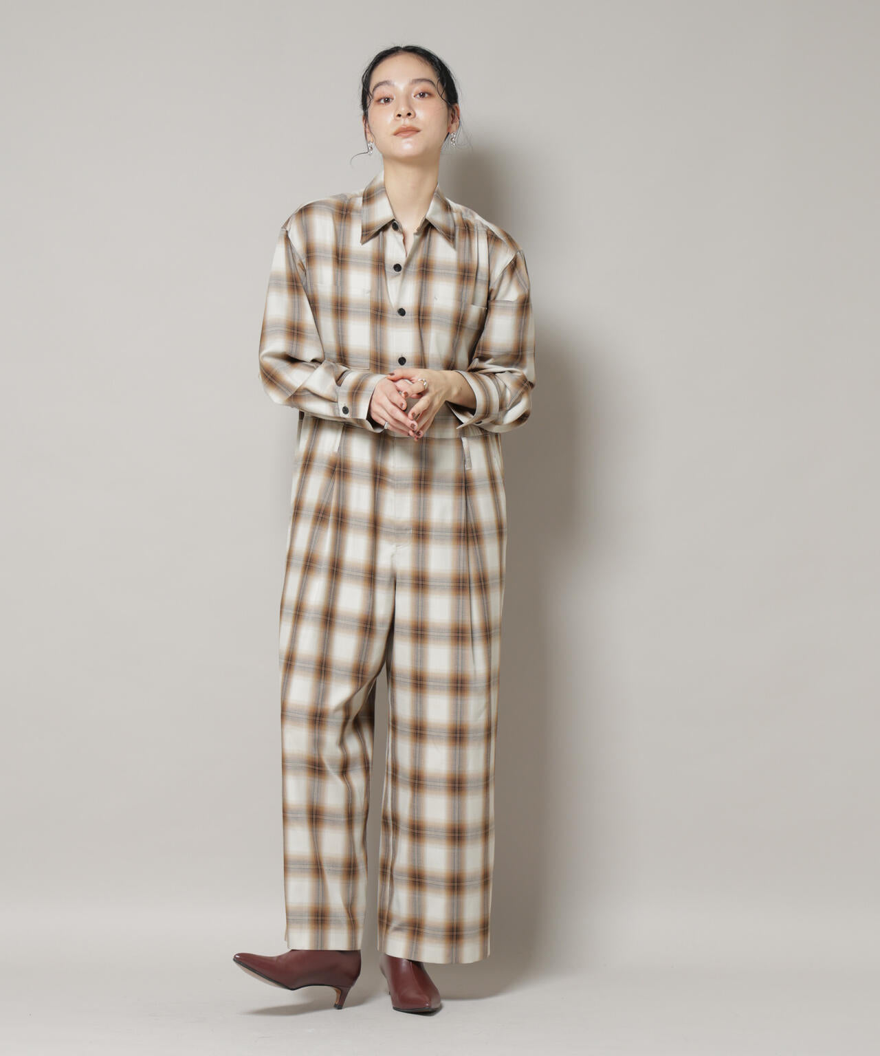 オンブレーチェックジャンプスーツ