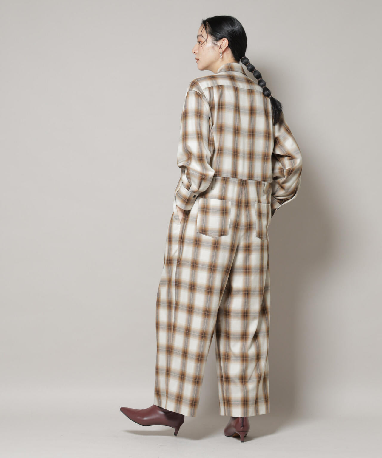 オンブレーチェックジャンプスーツ
