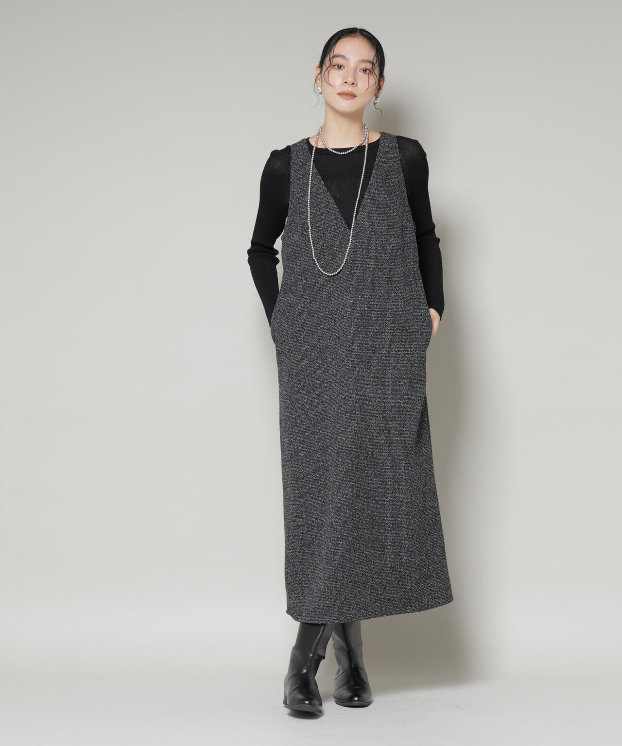 ツイードIラインワンピース×シアーリブニットセット