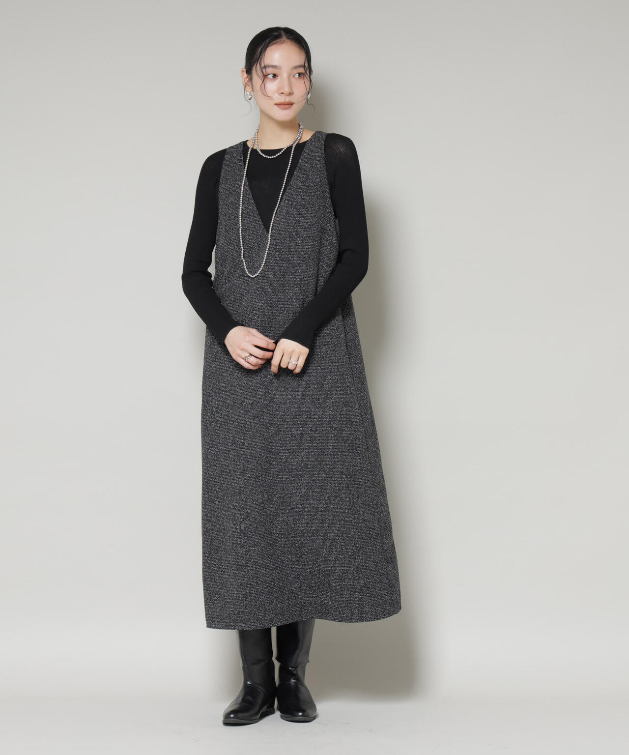ツイードIラインワンピース×シアーリブニットセット