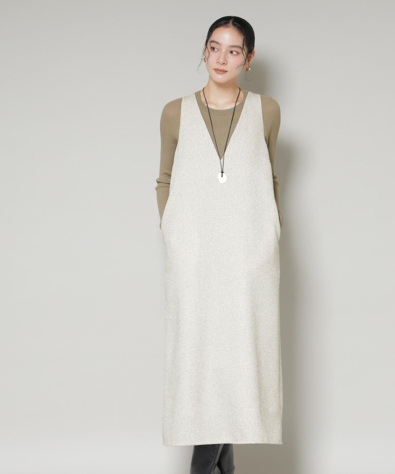 ツイードIラインワンピース×シアーリブニットセット