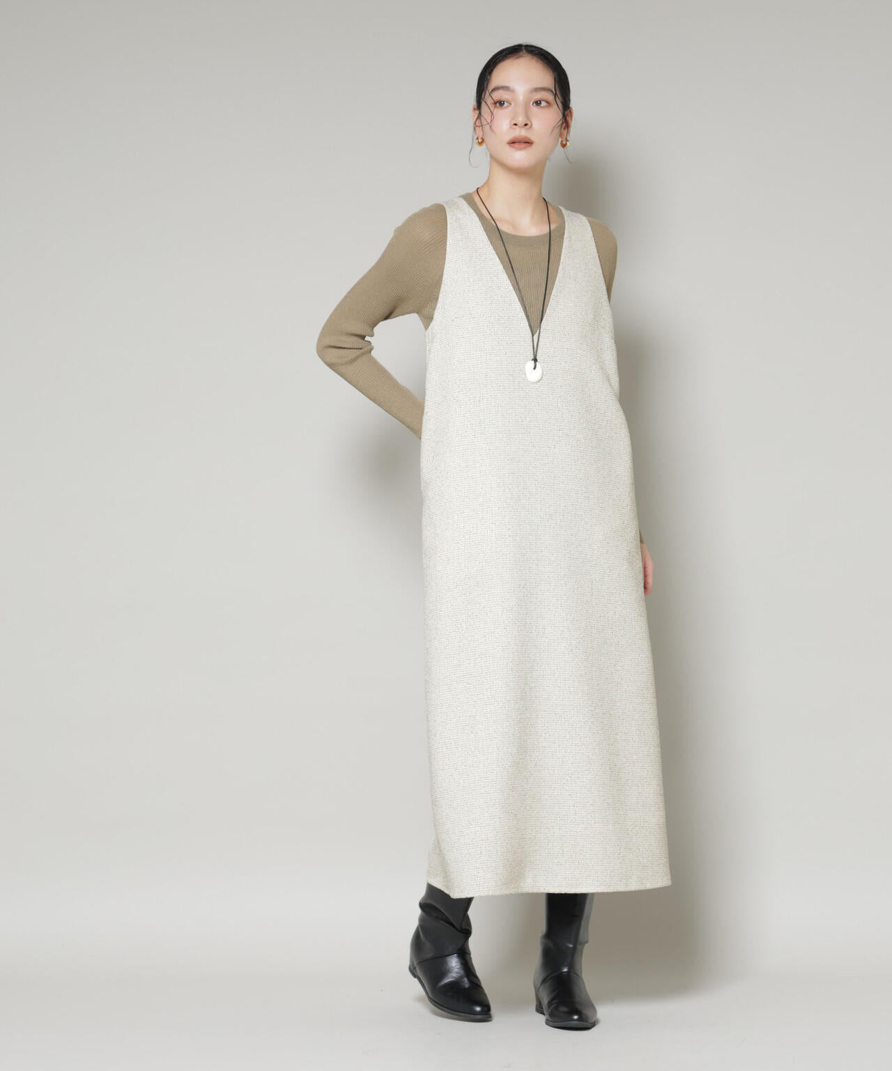 ツイードIラインワンピース×シアーリブニットセット