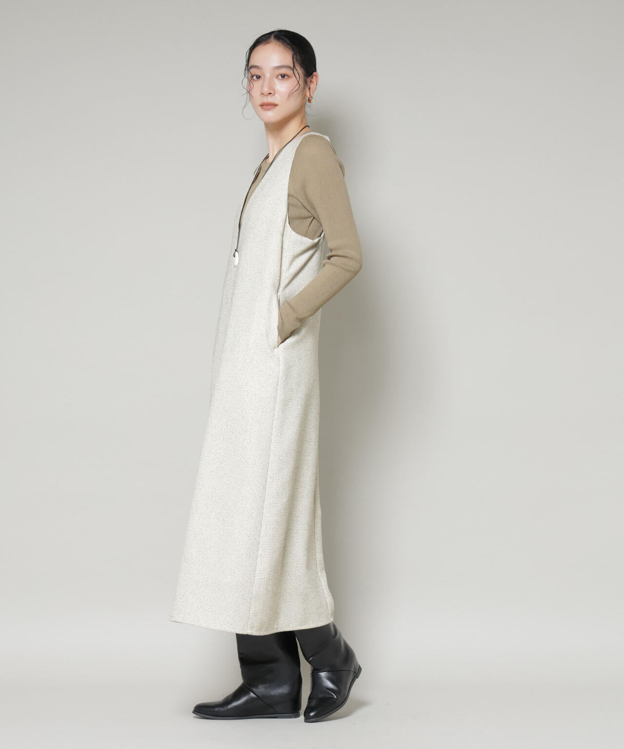 ツイードIラインワンピース×シアーリブニットセット