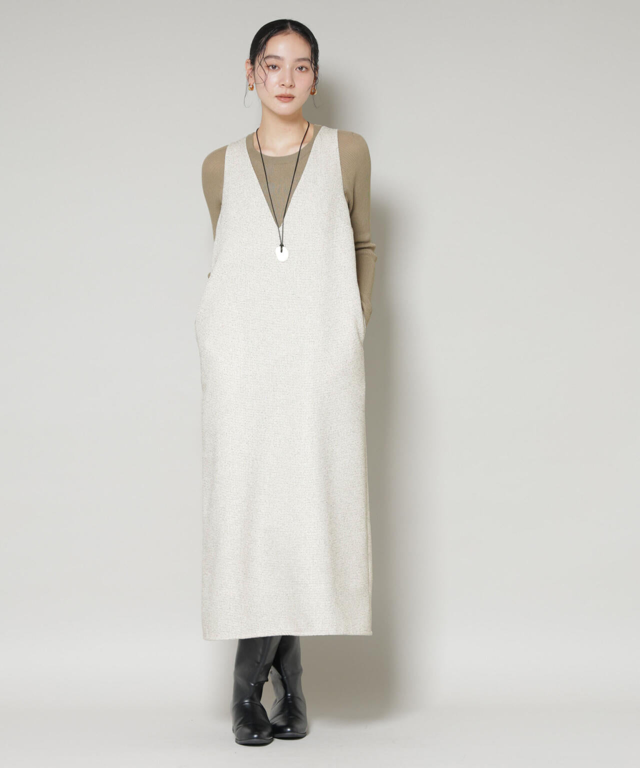 ツイードIラインワンピース×シアーリブニットセット