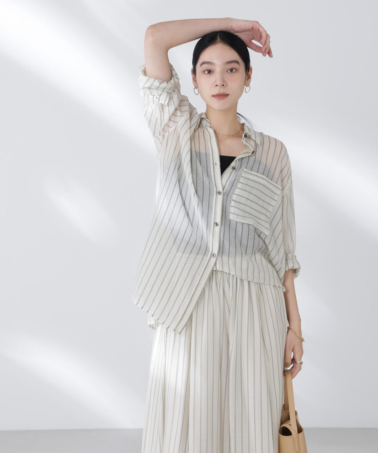 シアーストライプオーバーサイズロングシャツ(セットアップ可)